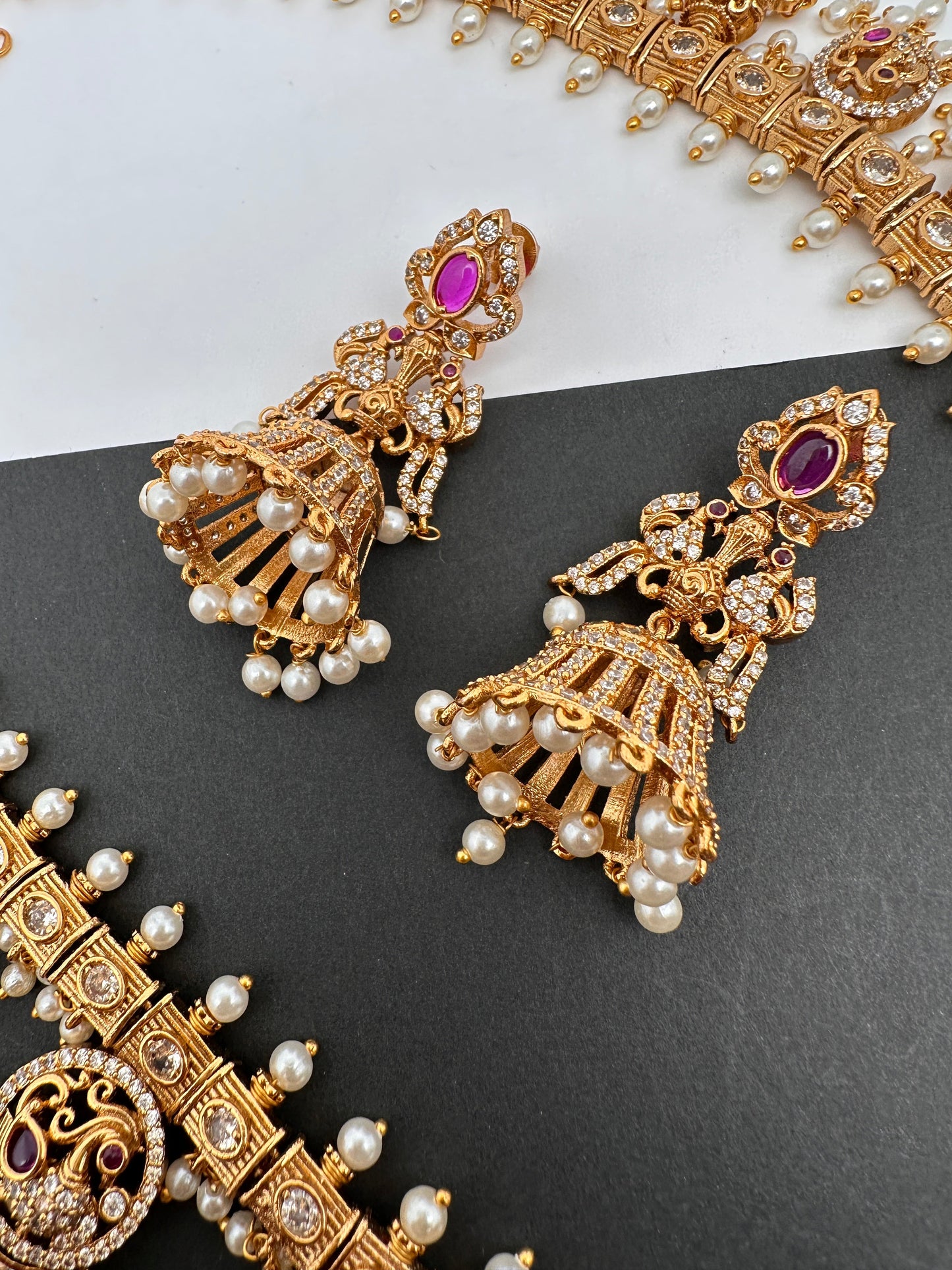 Peacock Design CZ Red Green Stone Guttapusalu Necklace
