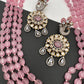 Kundan AD Victorian Peacock Pendent Color Beads Long Necklace - Pink
