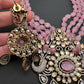 Kundan AD Victorian Peacock Pendent Color Beads Long Necklace - Pink