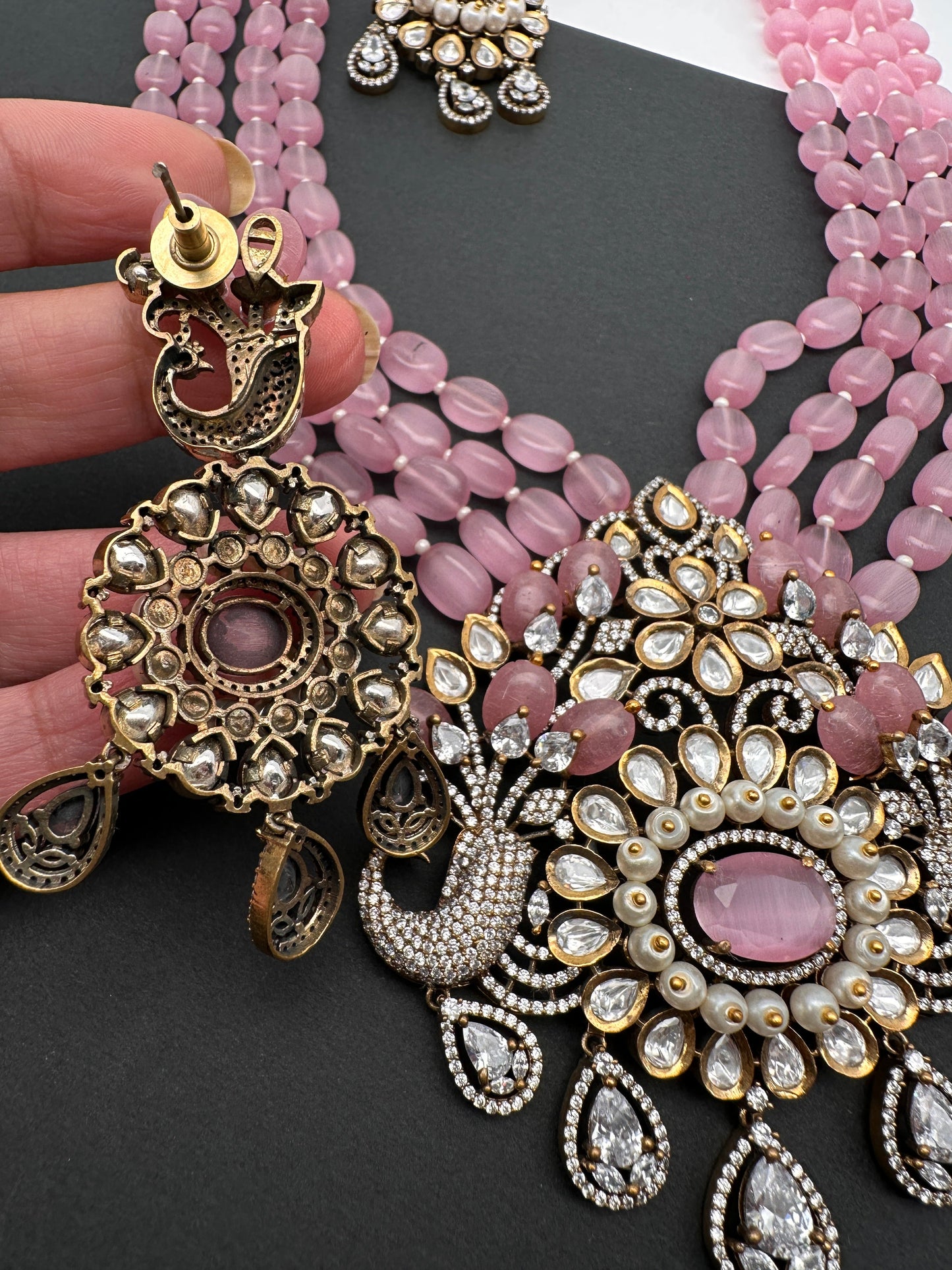 Kundan AD Victorian Peacock Pendent Color Beads Long Necklace - Pink