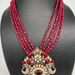 Kundan AD Victorian Peacock Pendent Color Beads Long Necklace - Red