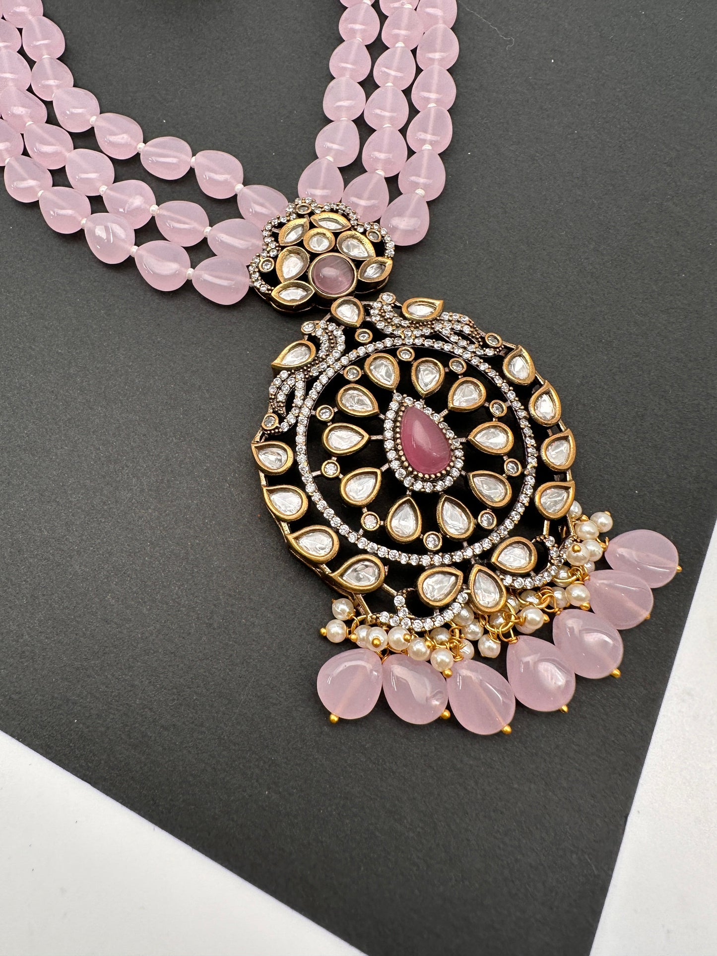 Kundan Moissanite AD Pink Beads Necklace