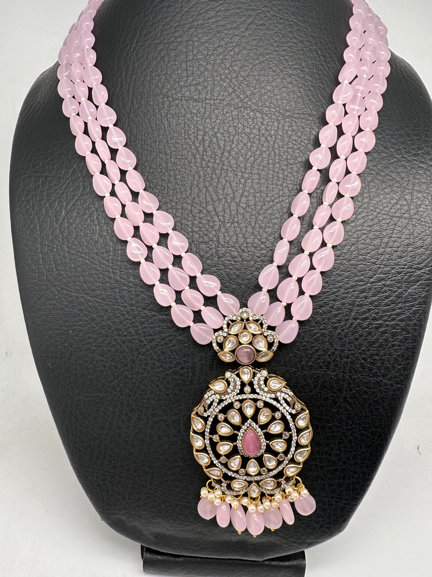 Kundan Moissanite AD Pink Beads Necklace