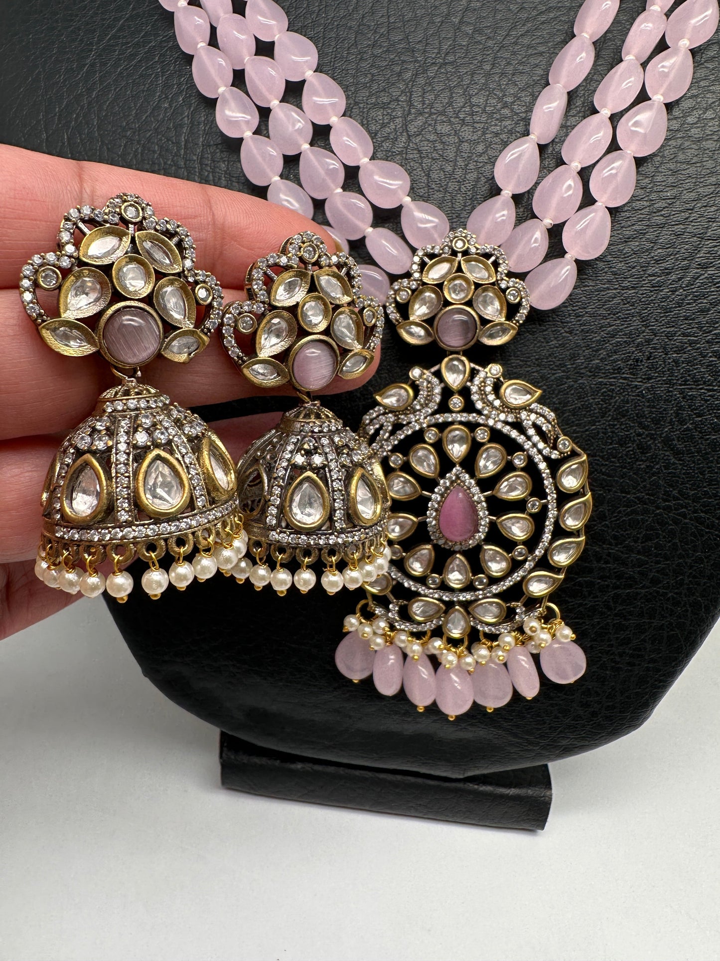 Kundan Moissanite AD Pink Beads Necklace
