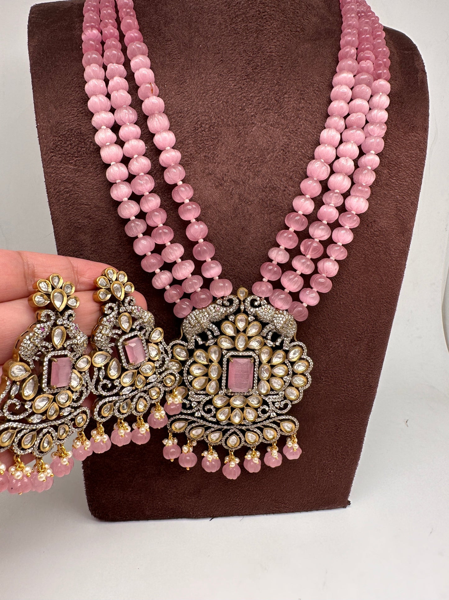Kundan Moissanite AD Pink Beads Necklace