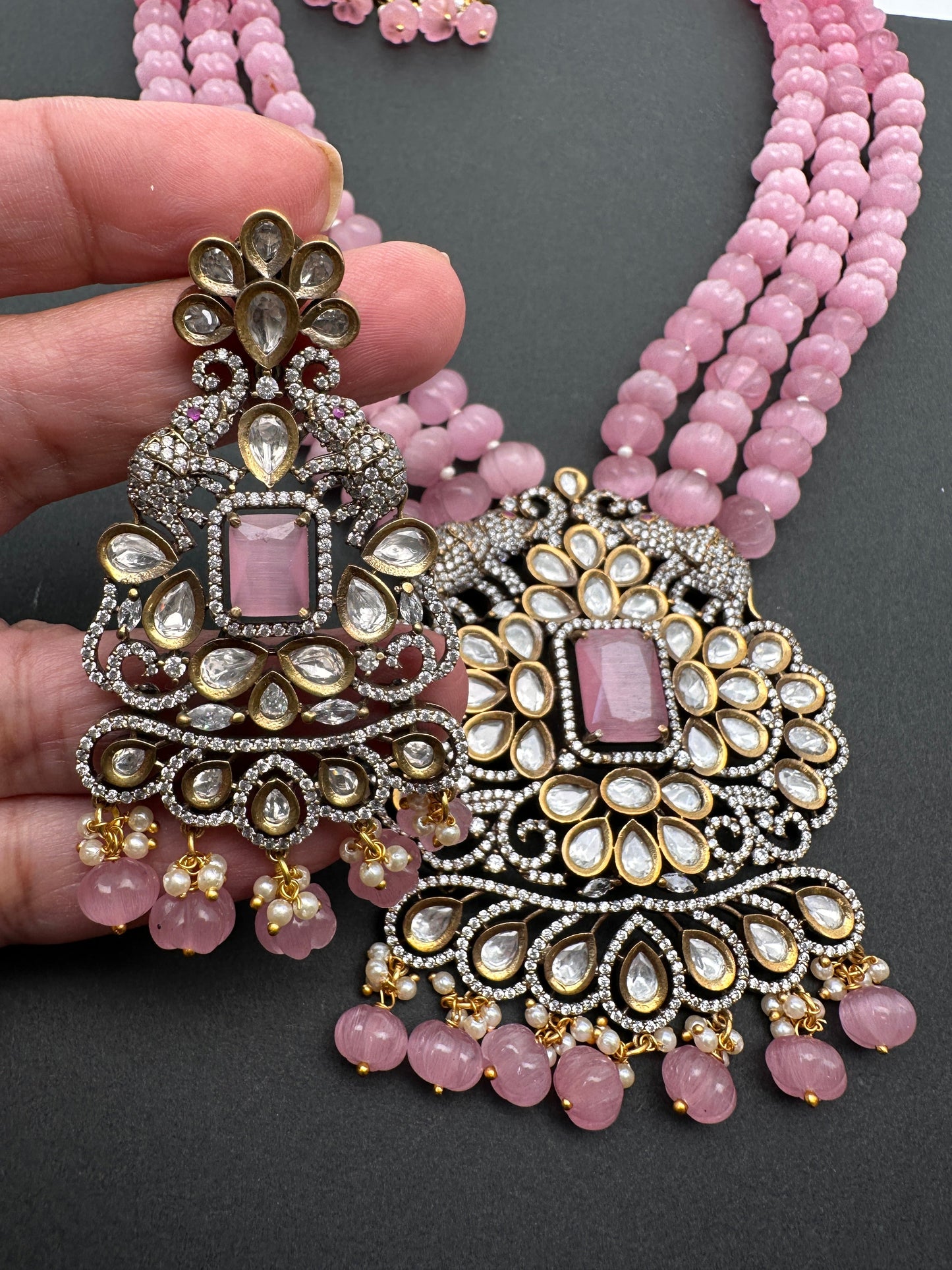 Kundan Moissanite AD Pink Beads Necklace