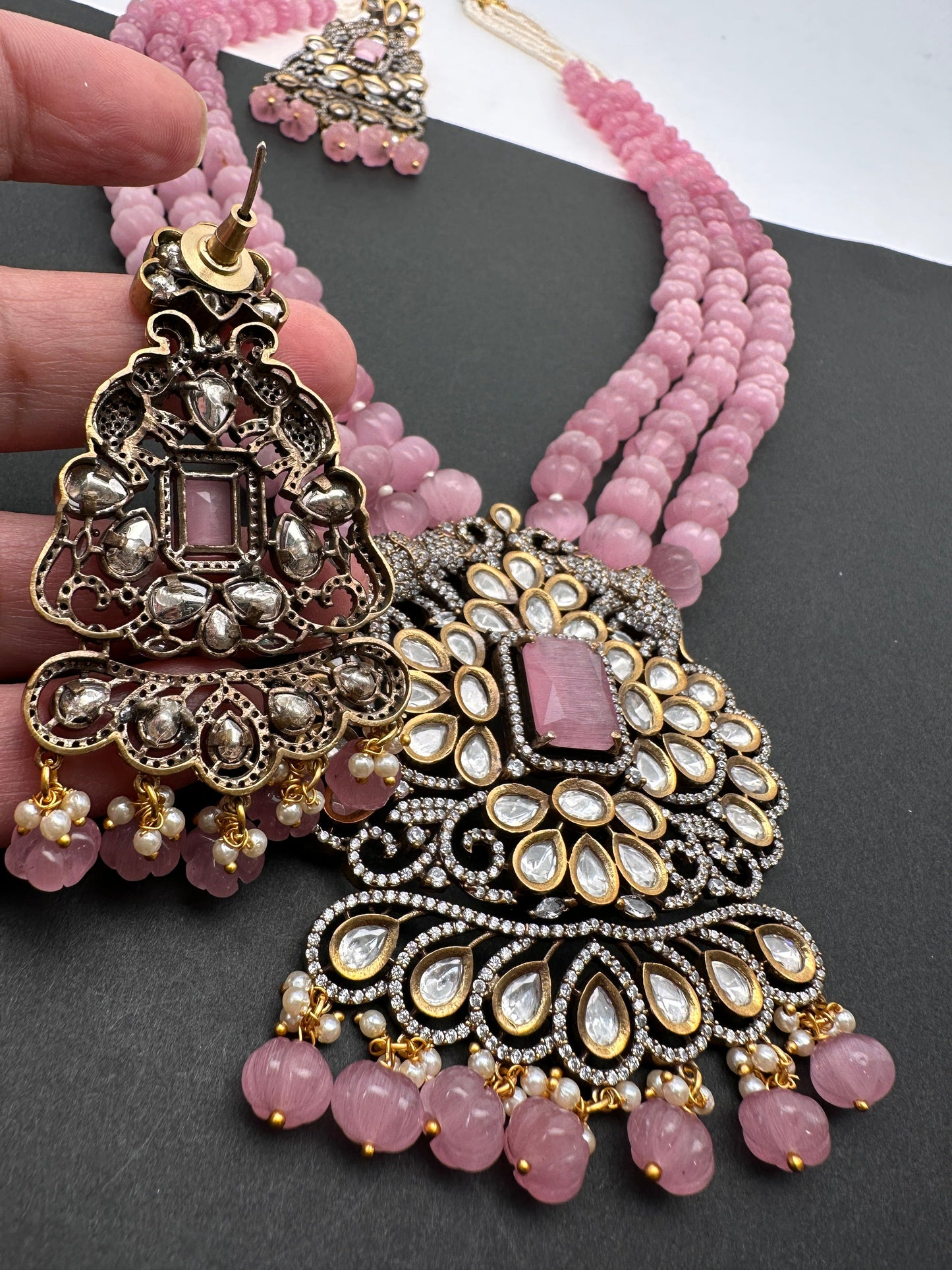 Kundan Moissanite AD Pink Beads Necklace