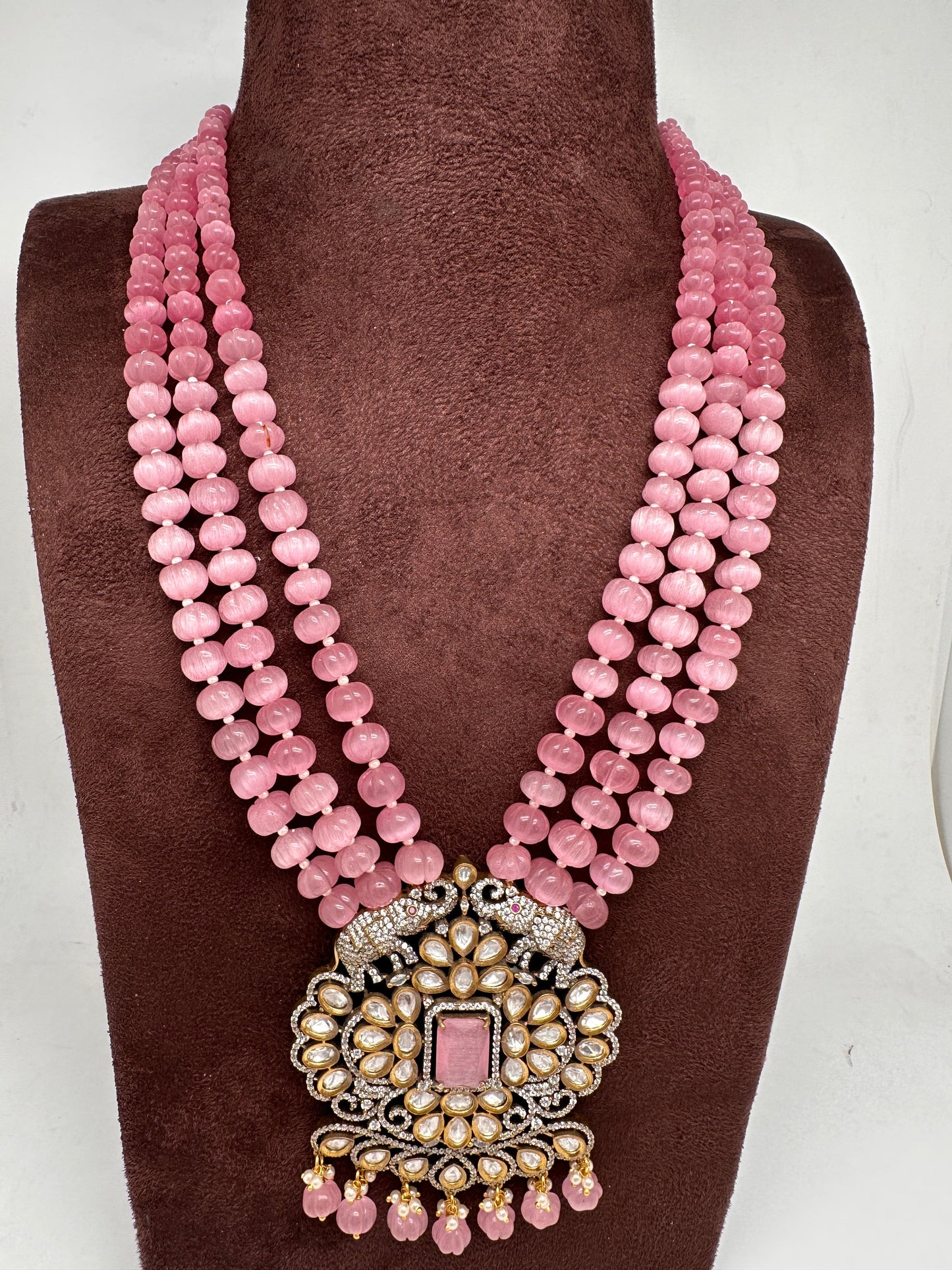 Kundan Moissanite AD Pink Beads Necklace