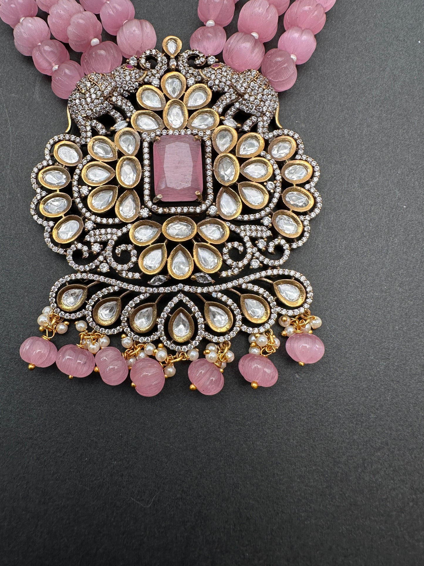 Kundan Moissanite AD Pink Beads Necklace