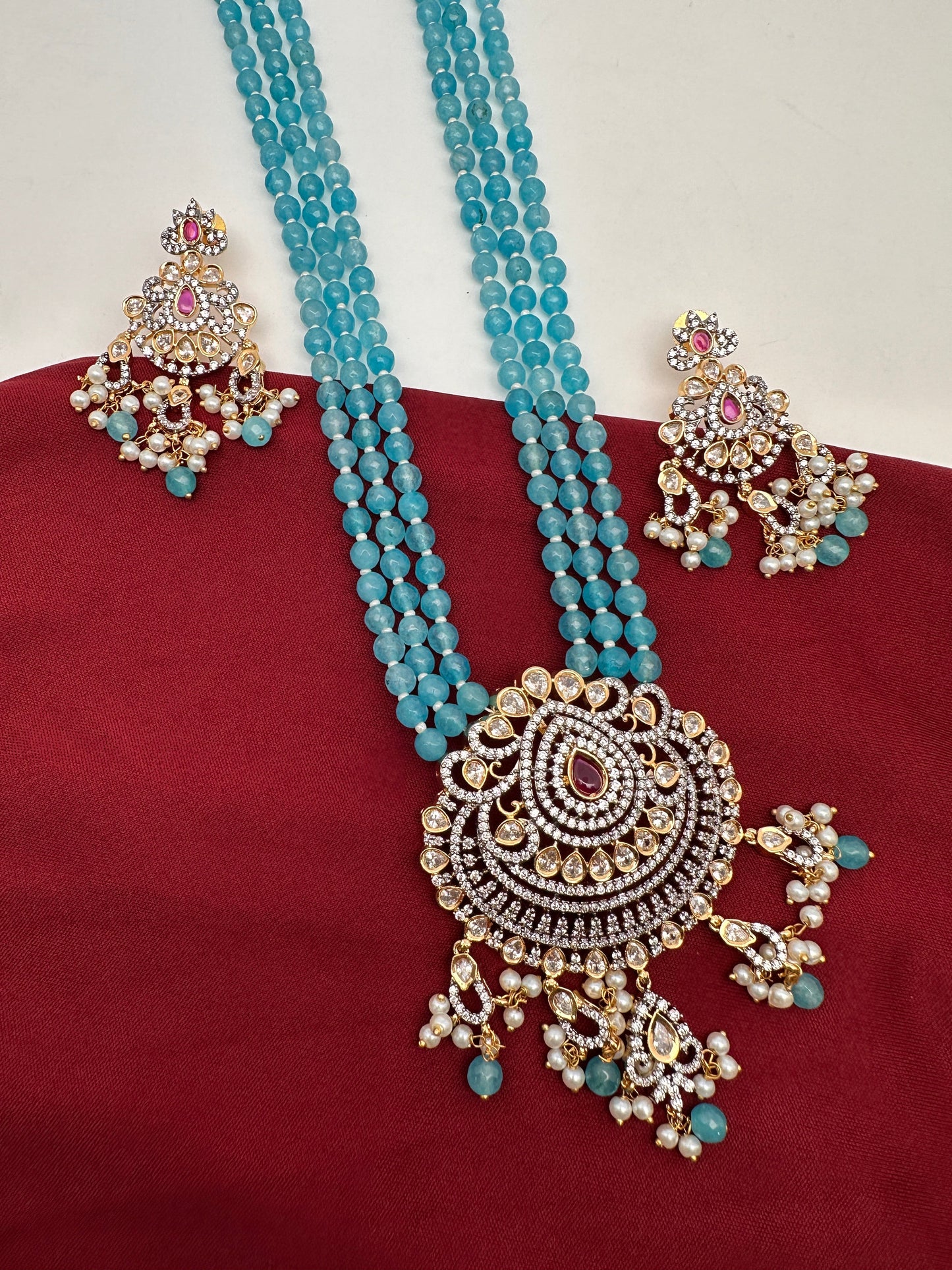 Victorian Mehendi Polish Aqua Blue Beads Necklace