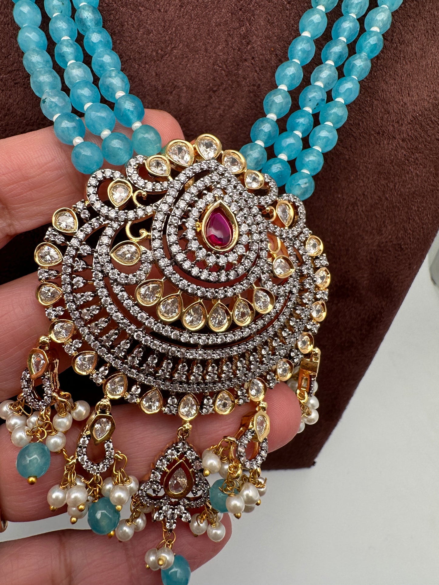 Victorian Mehendi Polish Aqua Blue Beads Necklace