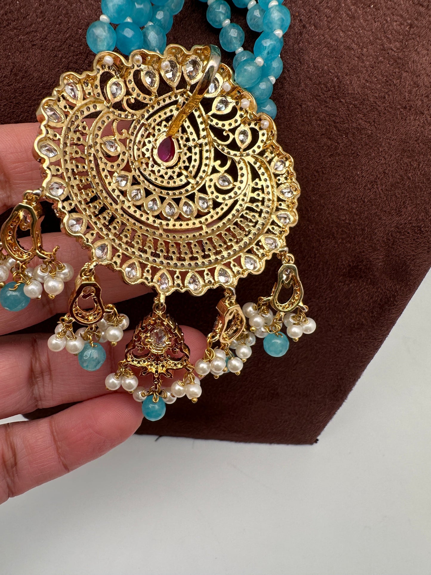 Victorian Mehendi Polish Aqua Blue Beads Necklace