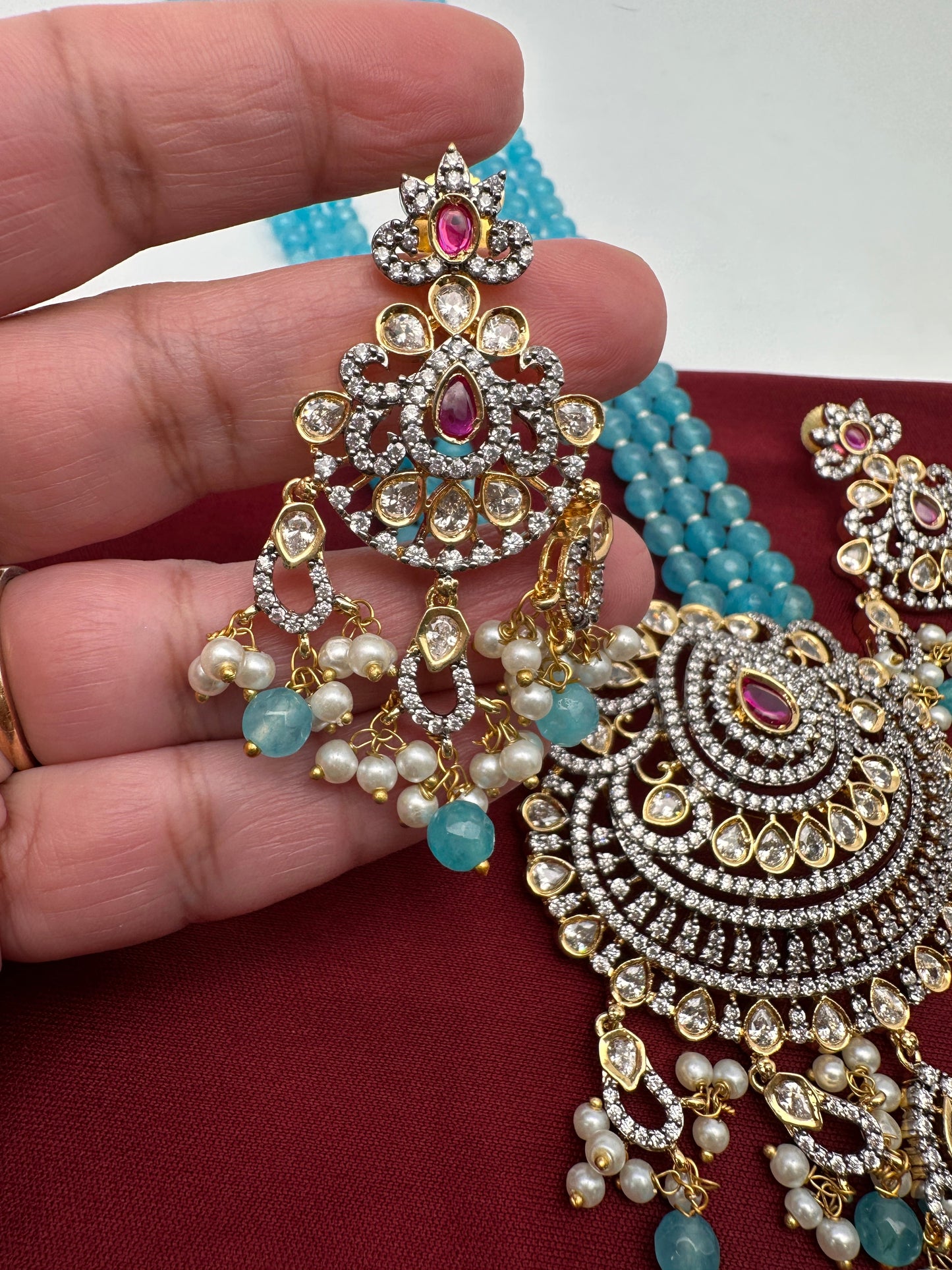 Victorian Mehendi Polish Aqua Blue Beads Necklace