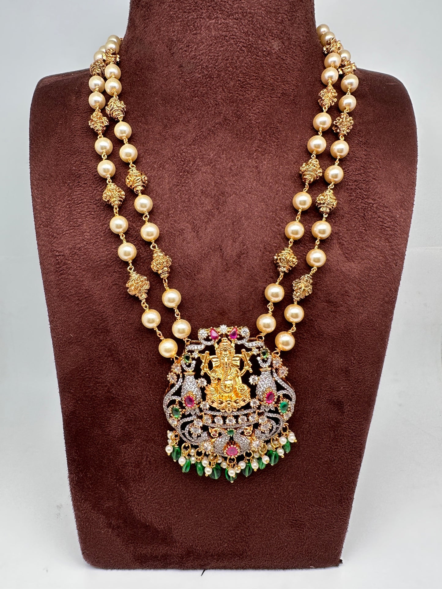 Ganesha Multi Stone Pendent with Nakshi Balls and Beads Pearls Mala