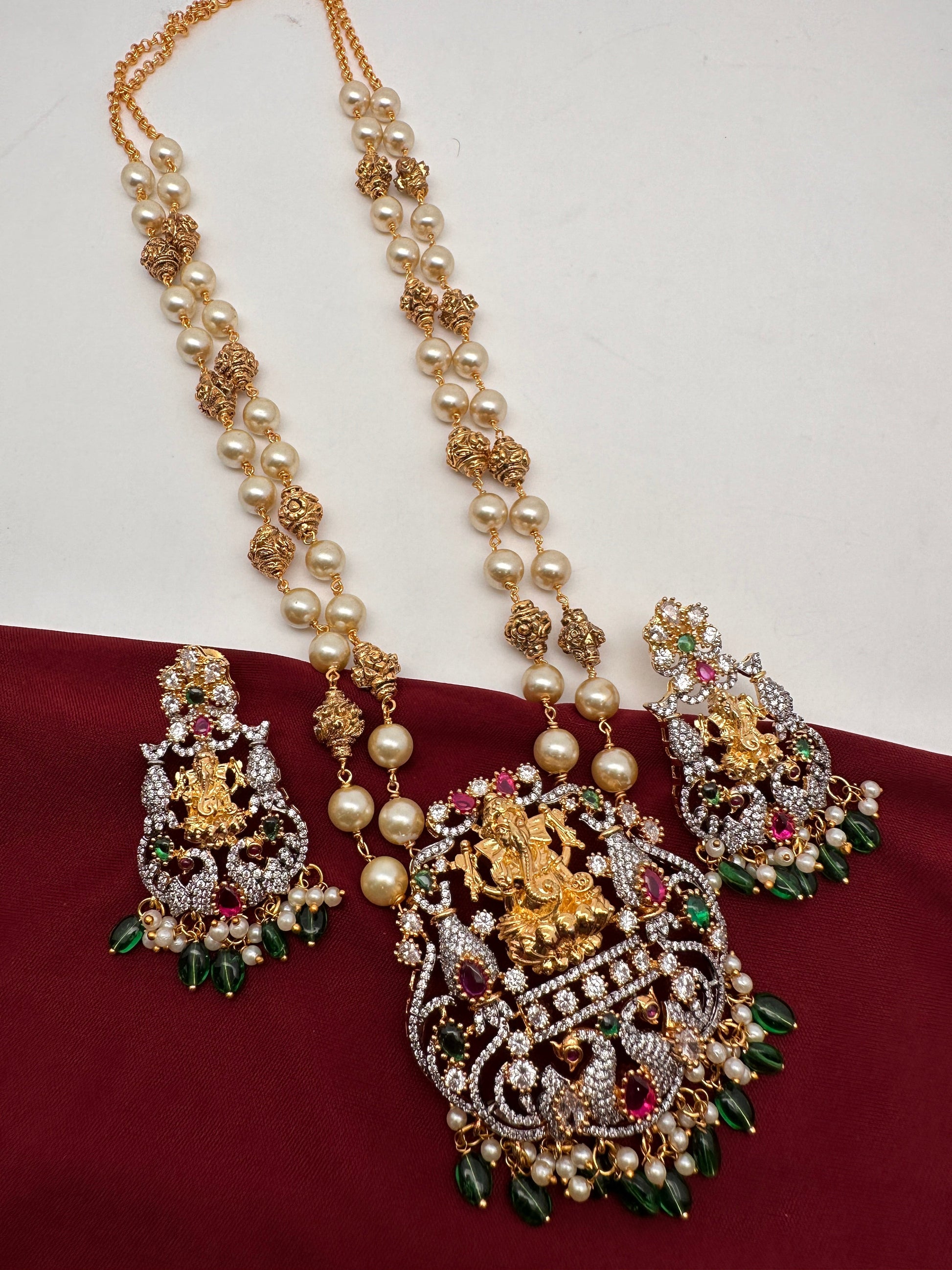 Ganesha Multi Stone Pendent with Nakshi Balls and Beads Pearls Mala