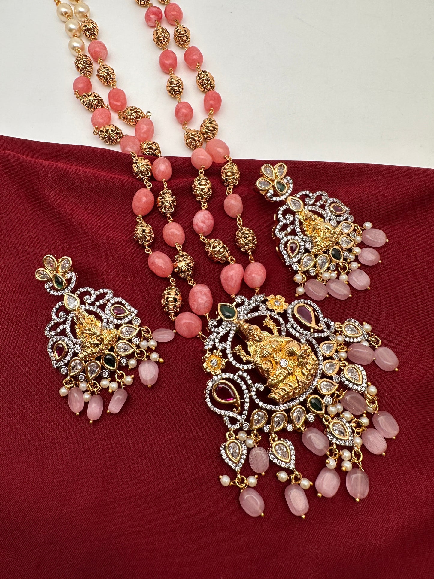 Goddess Lakshmi Multi Stone Pendent with Nakshi Balls and Pink Beads