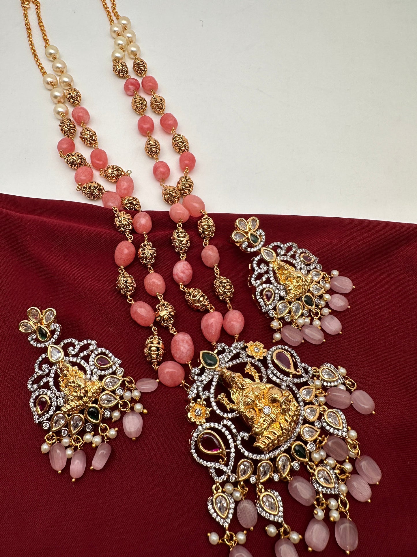 Goddess Lakshmi Multi Stone Pendent with Nakshi Balls and Pink Beads