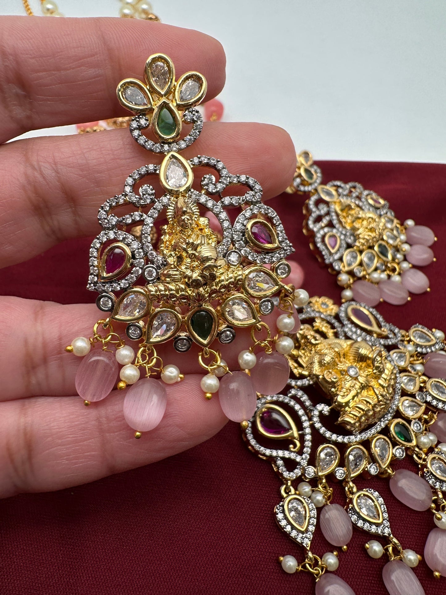 Goddess Lakshmi Multi Stone Pendent with Nakshi Balls and Pink Beads