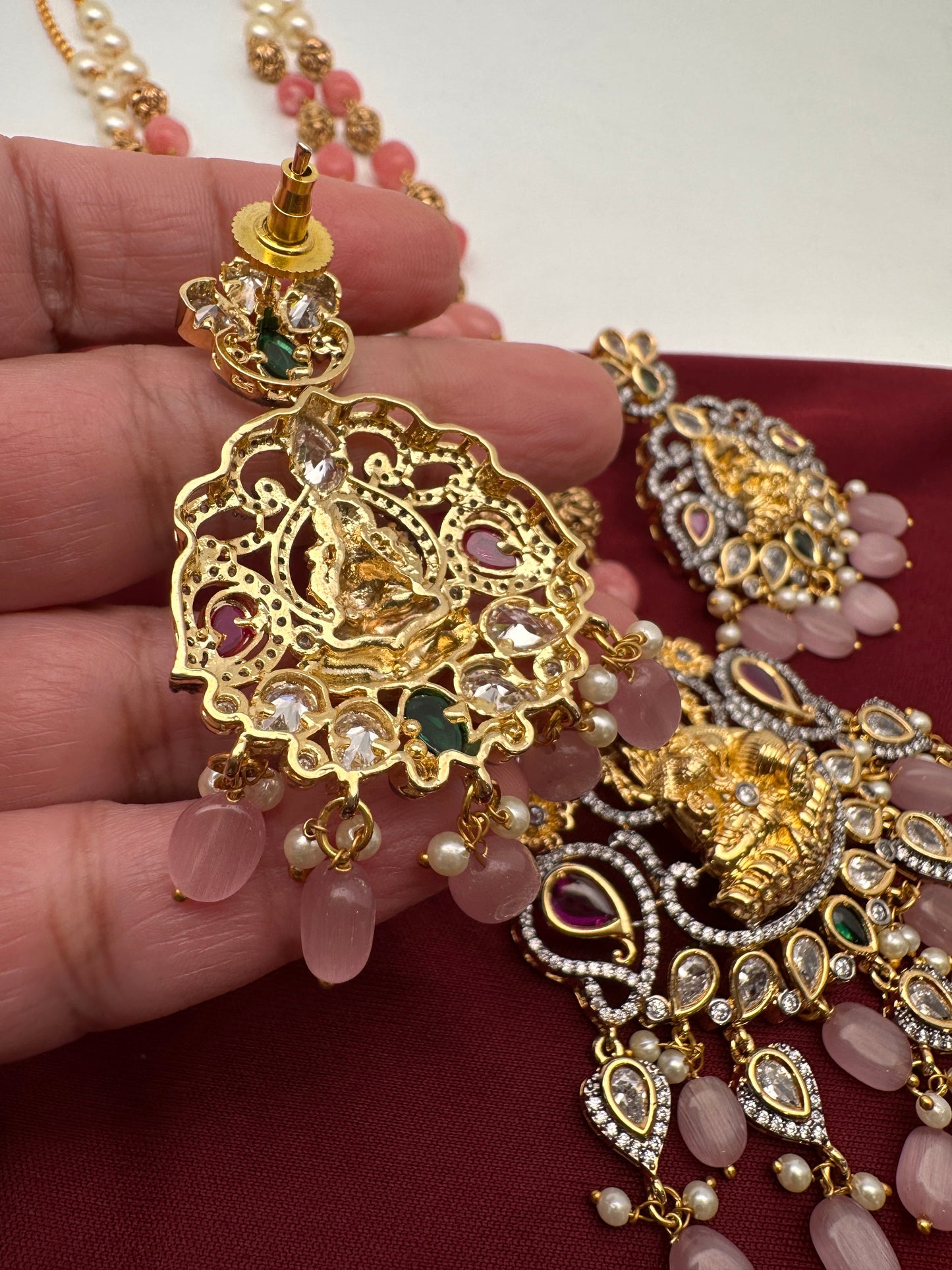 Goddess Lakshmi Multi Stone Pendent with Nakshi Balls and Pink Beads