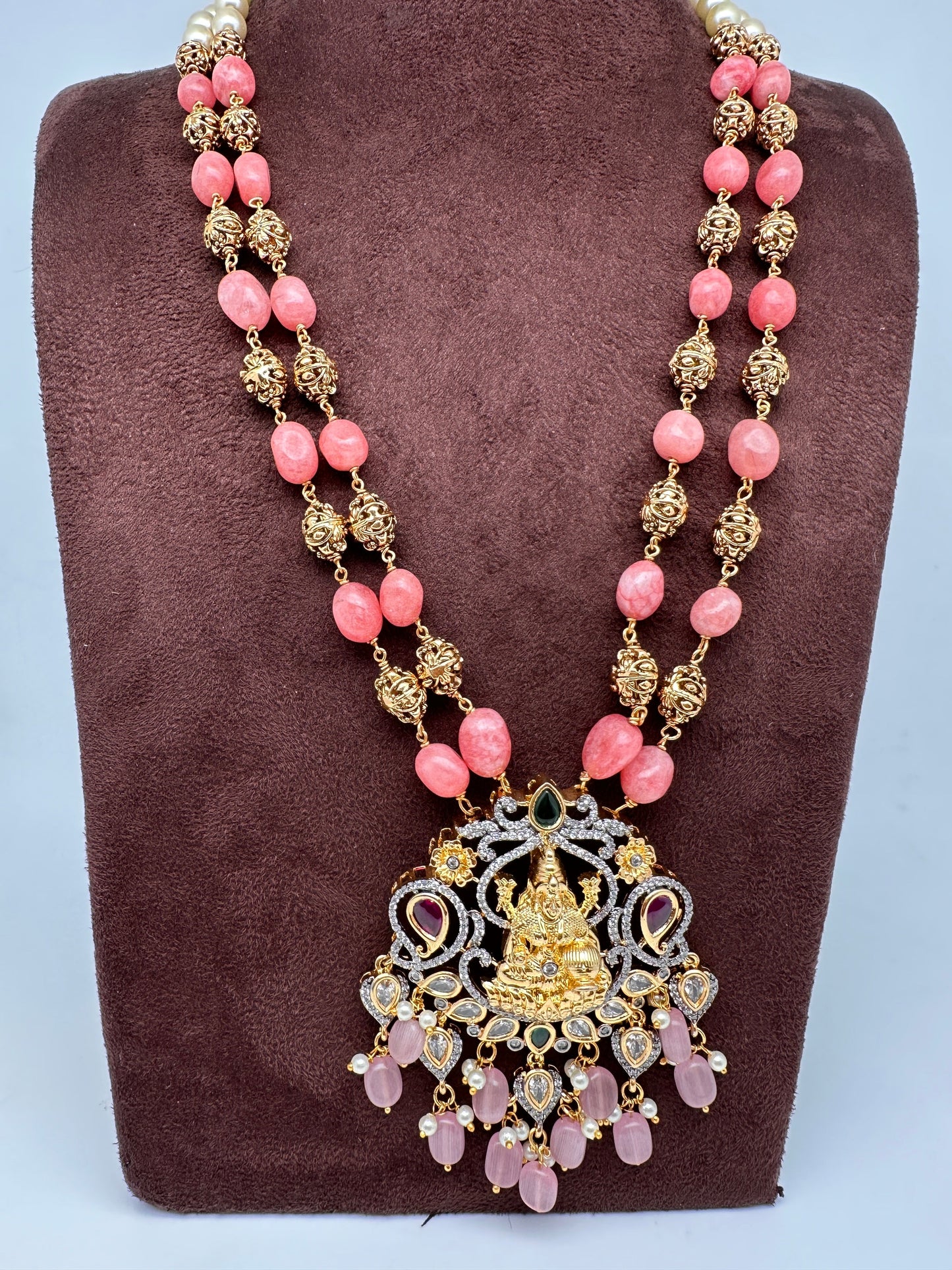 Goddess Lakshmi Multi Stone Pendent with Nakshi Balls and Pink Beads