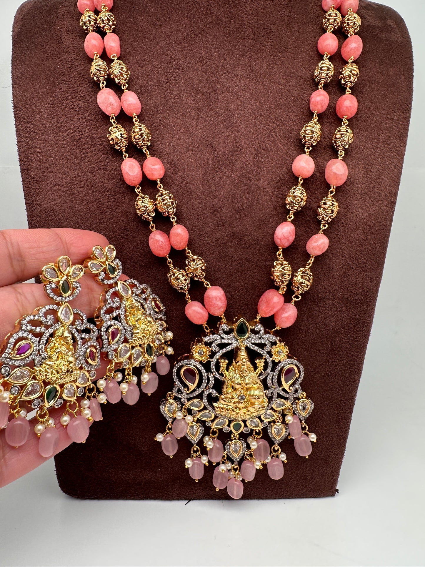 Goddess Lakshmi Multi Stone Pendent with Nakshi Balls and Pink Beads