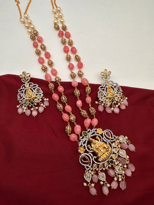 Goddess Lakshmi Multi Stone Pendent with Nakshi Balls and Pink Beads