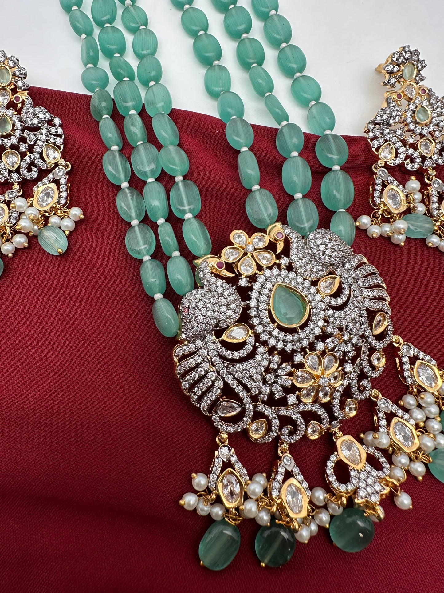 AD Mint Green Beads Peacock Pattern Necklace