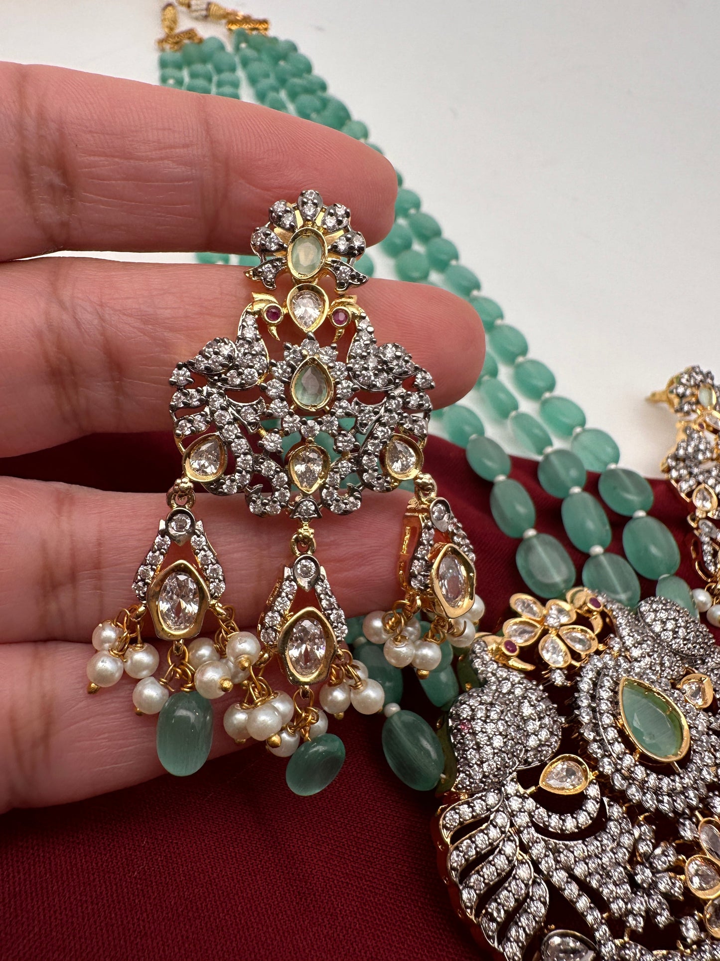 AD Mint Green Beads Peacock Pattern Necklace