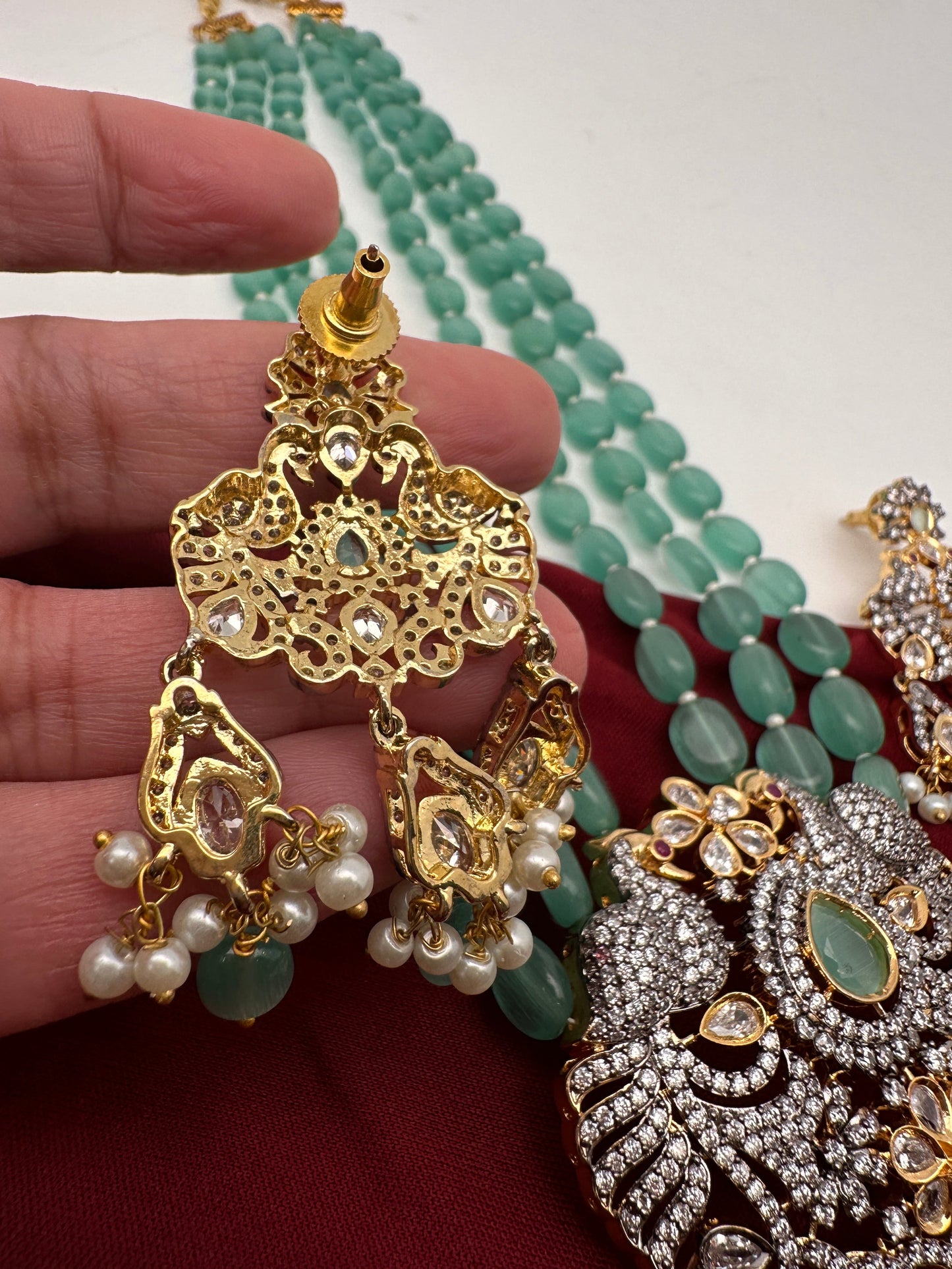 AD Mint Green Beads Peacock Pattern Necklace