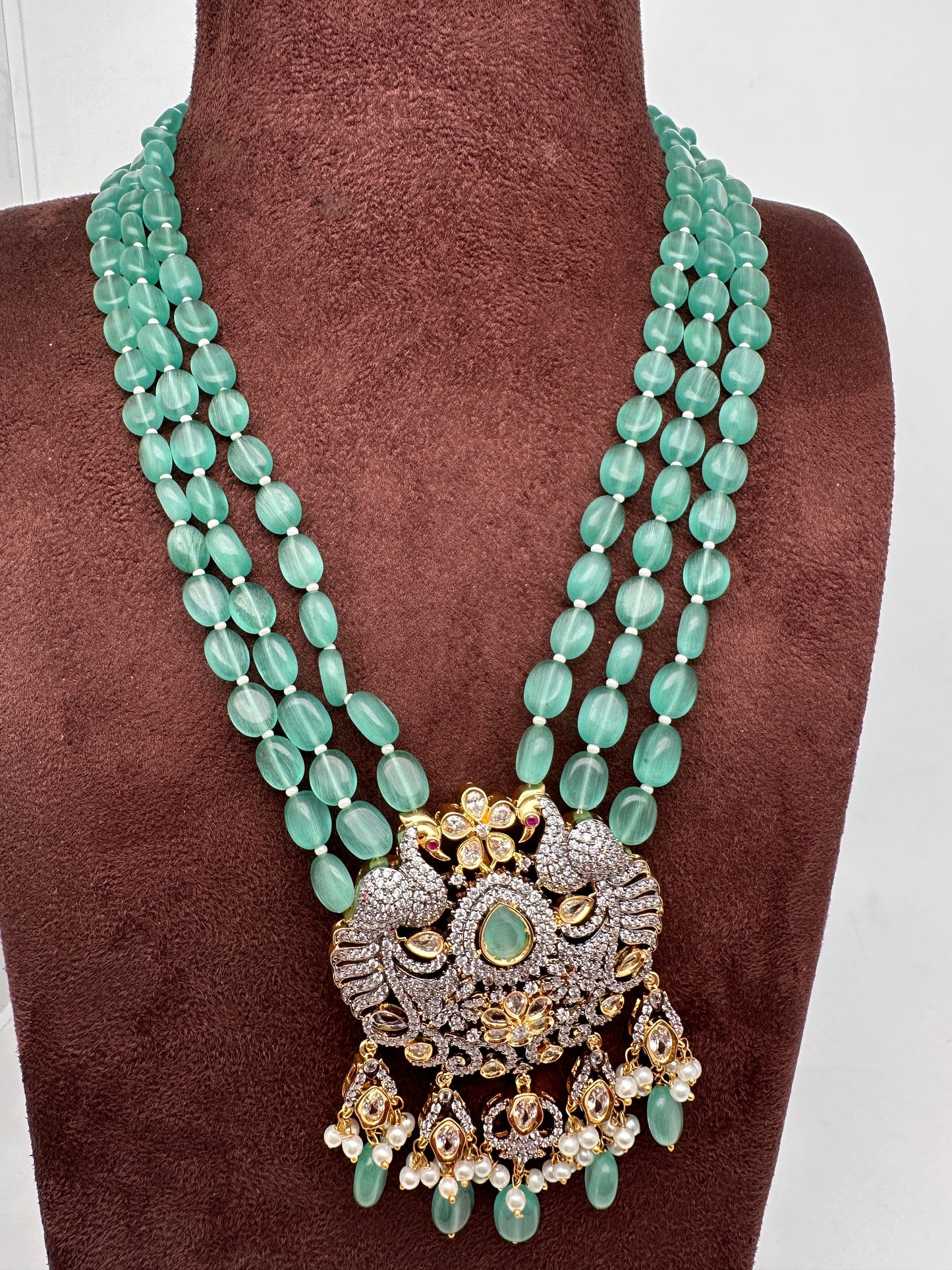 AD Mint Green Beads Peacock Pattern Necklace