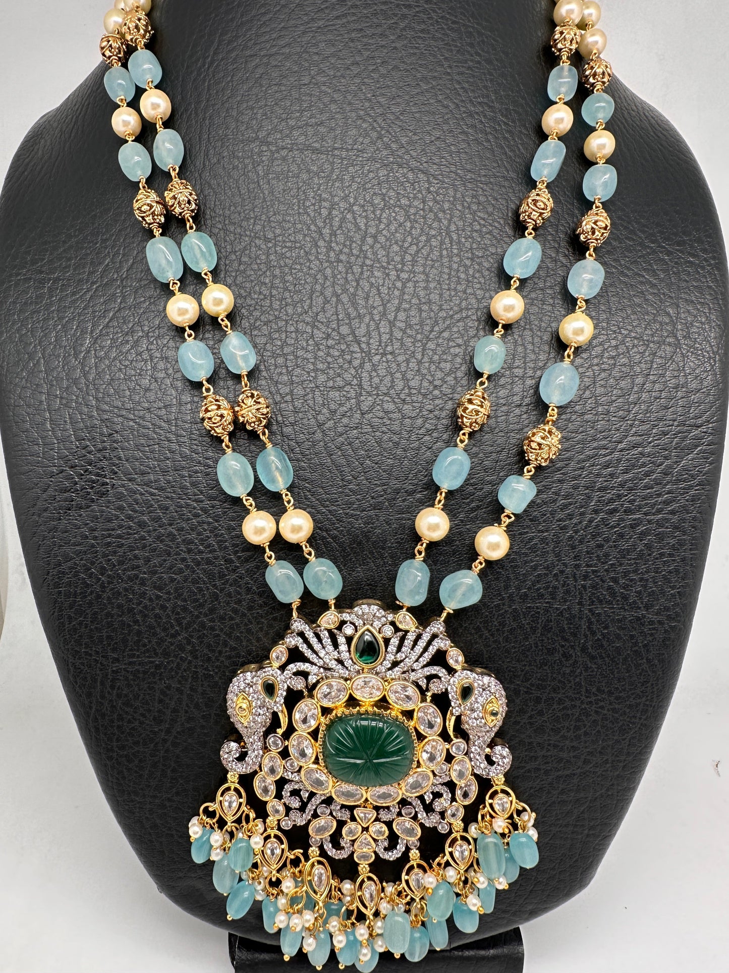 AD Aqua Blue Beads Green Stone Necklace
