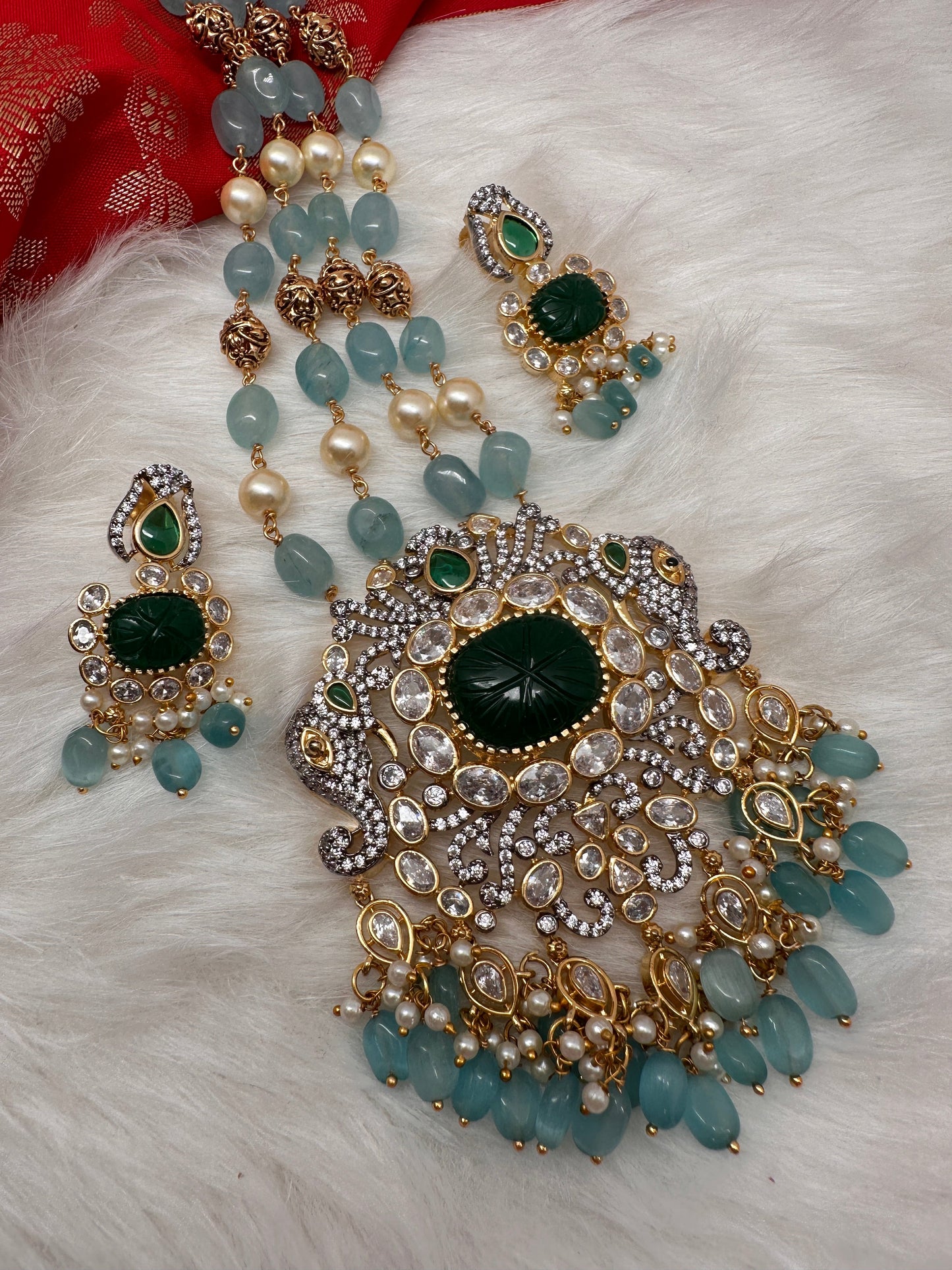 AD Aqua Blue Beads Green Stone Necklace
