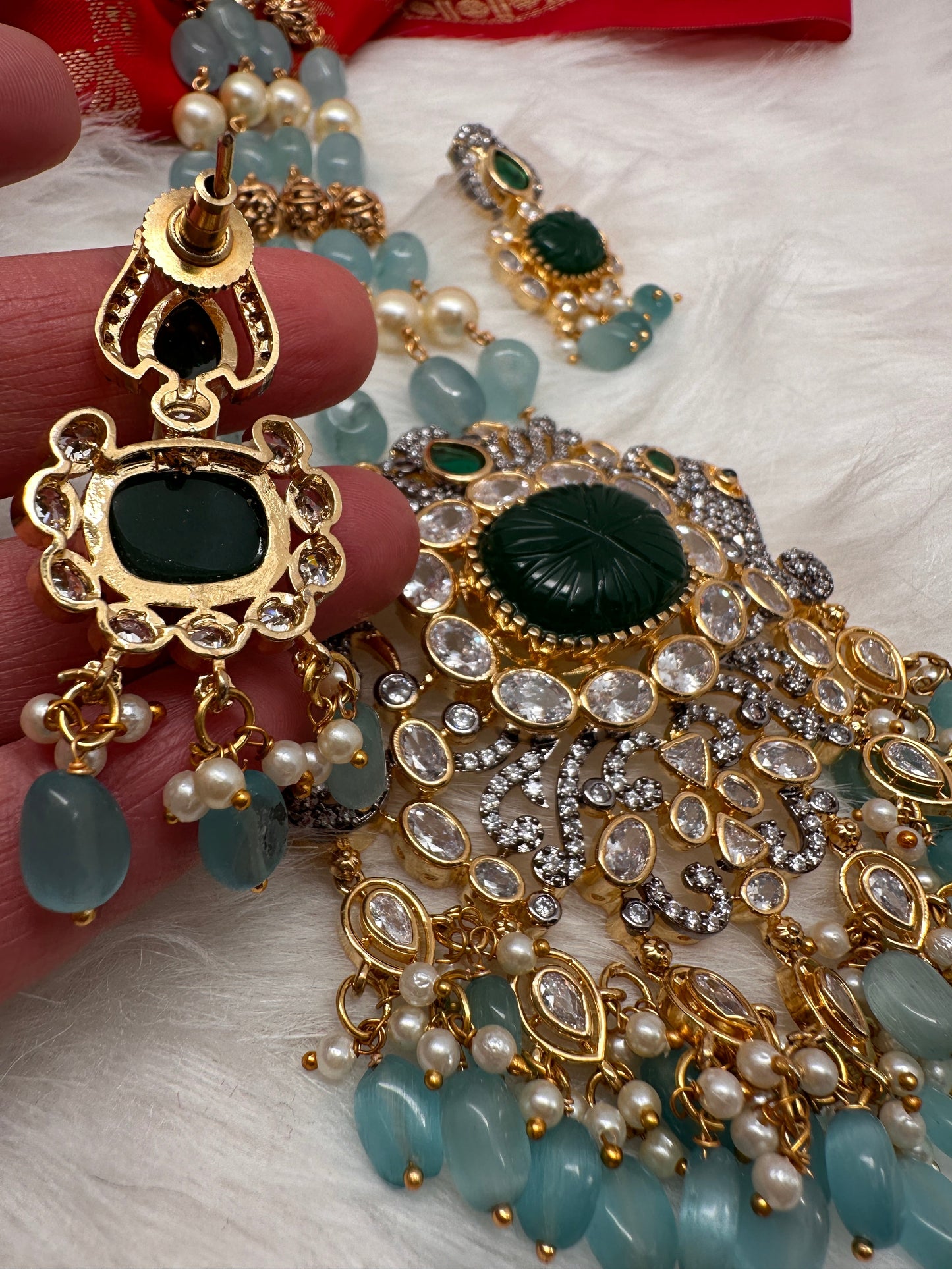 AD Aqua Blue Beads Green Stone Necklace