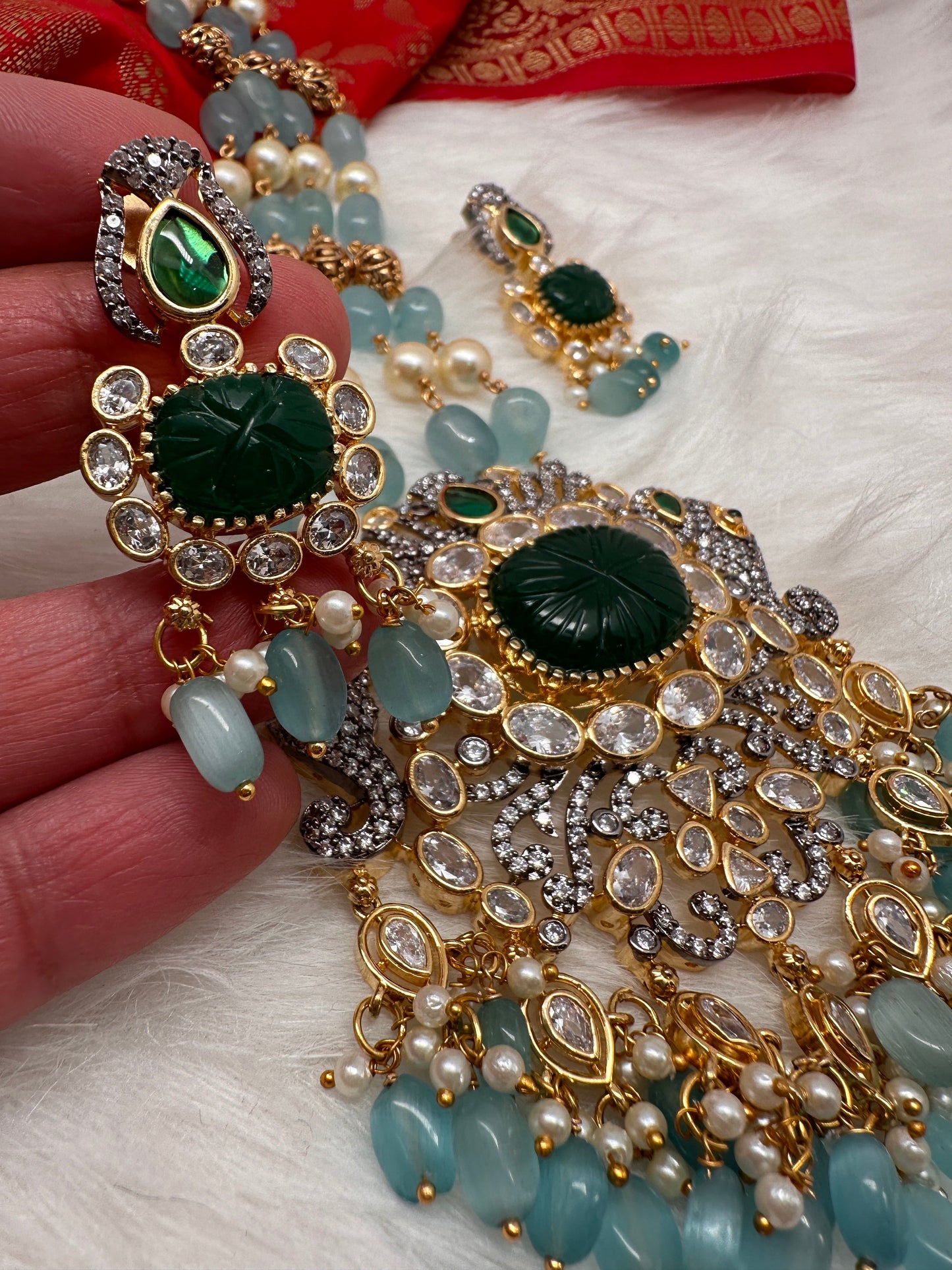 AD Aqua Blue Beads Green Stone Necklace
