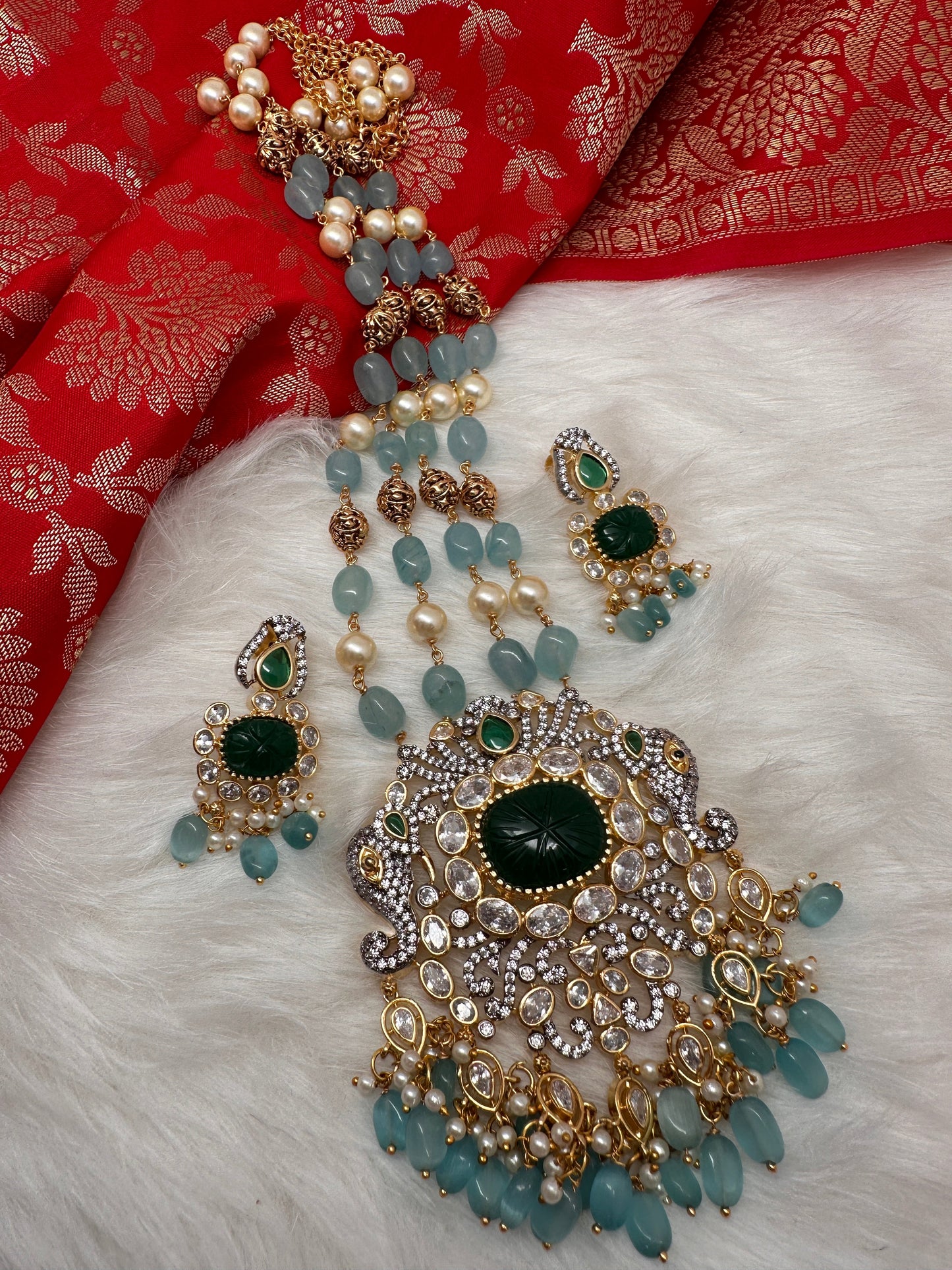 AD Aqua Blue Beads Green Stone Necklace