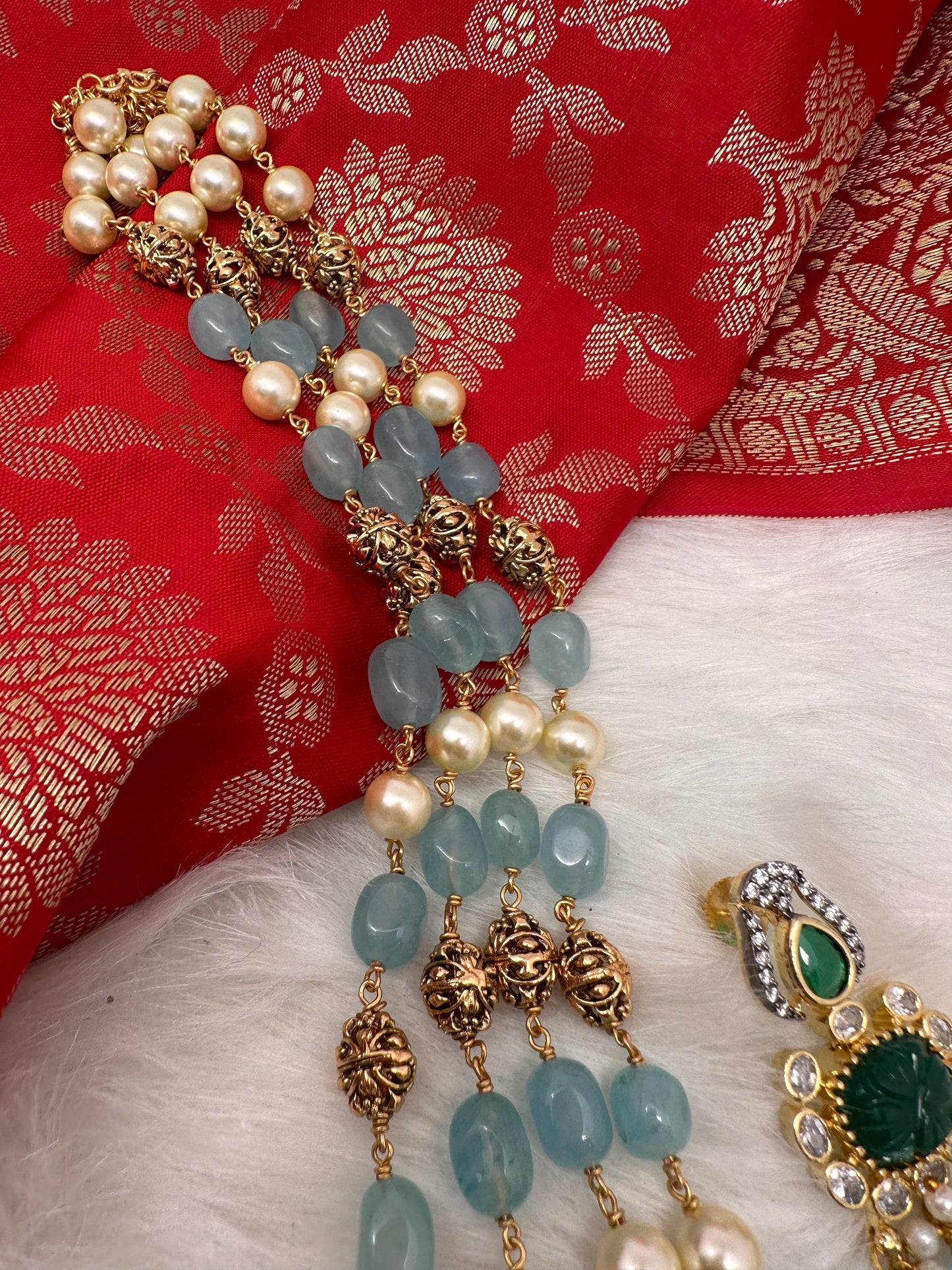 AD Aqua Blue Beads Green Stone Necklace