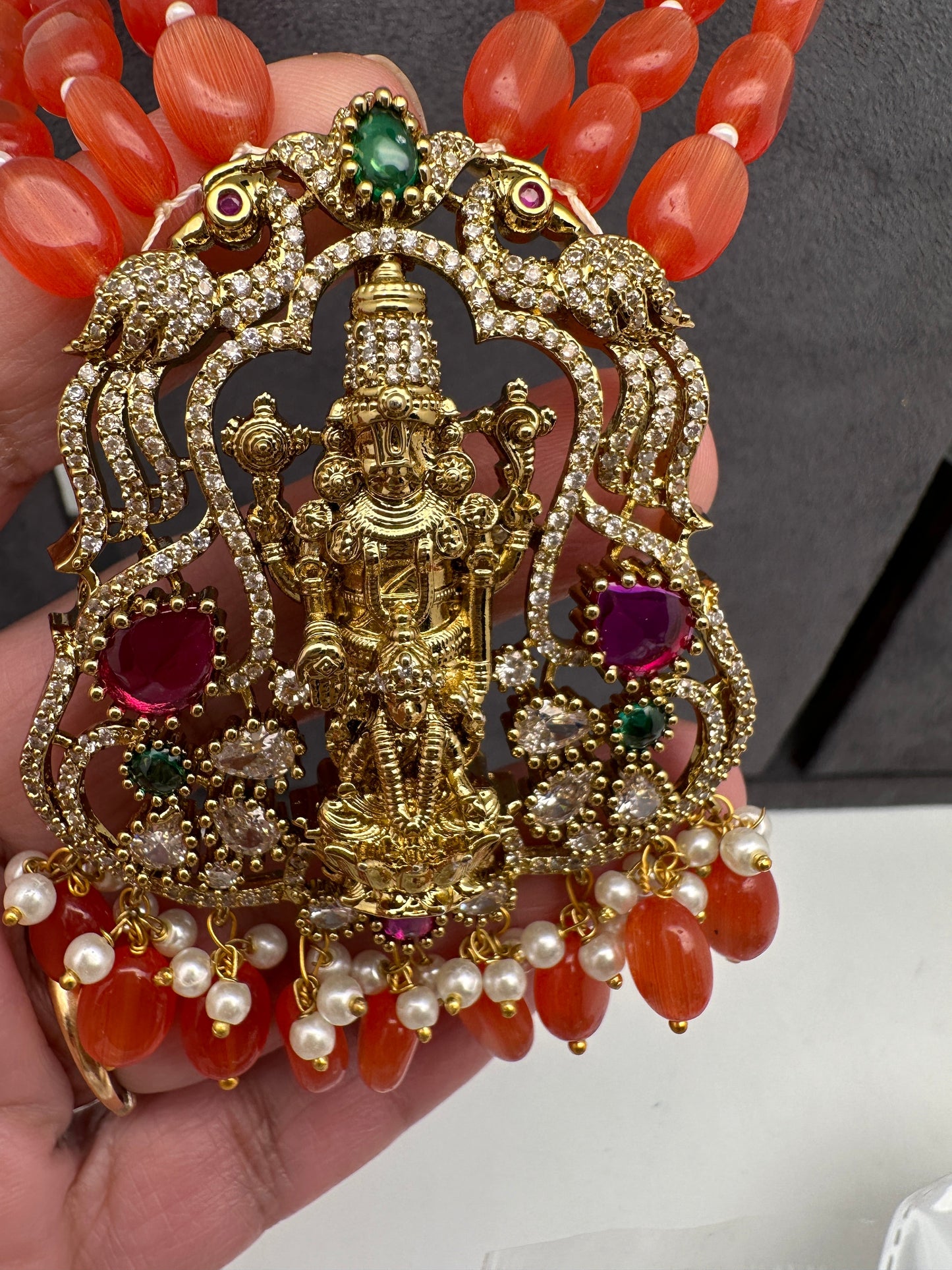 Balaji Lakshmi Victorian Pendent Orange Beads Necklace
