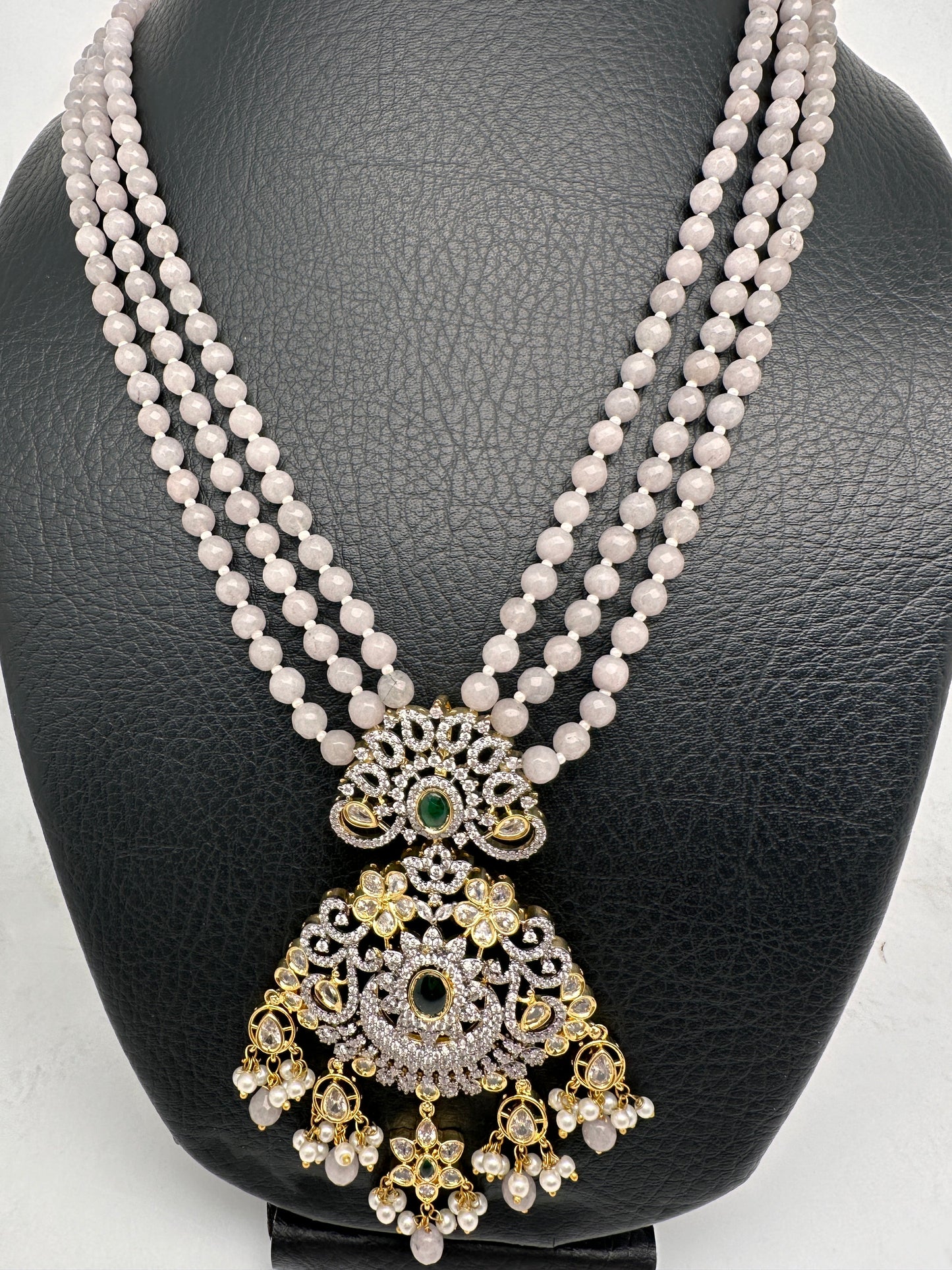 AD Dual Tone Victorian Pendent Grey Beads Necklace