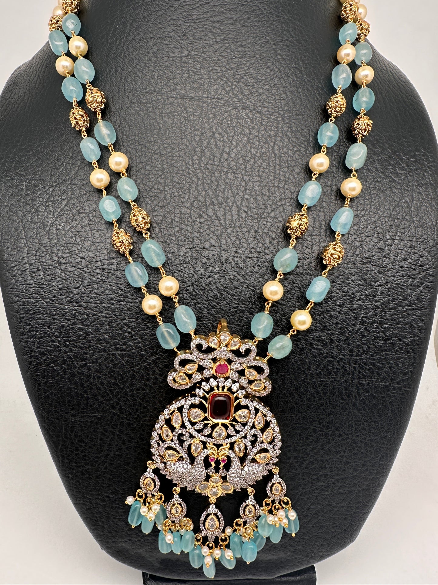 AD Aqua Blue Beads Nakshi Tar Mala Necklace