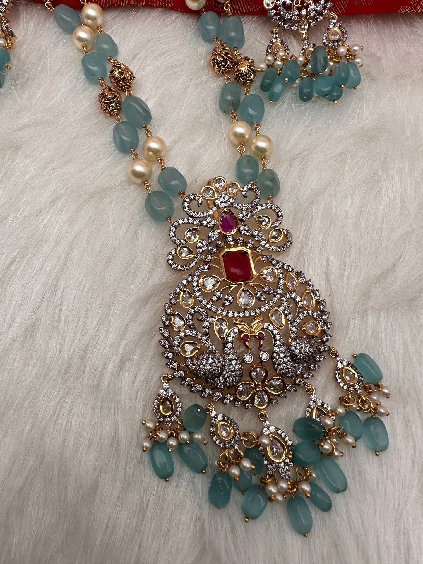 AD Aqua Blue Beads Nakshi Tar Mala Necklace