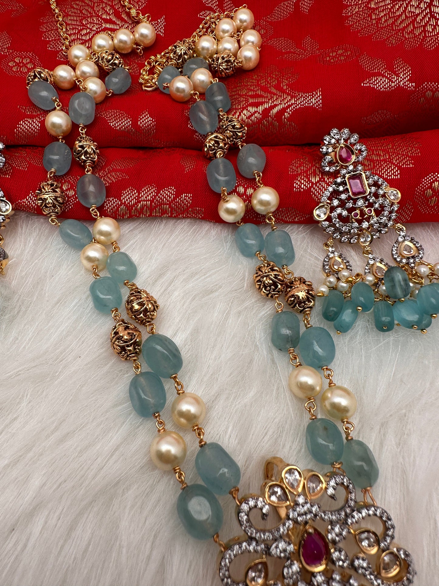 AD Aqua Blue Beads Nakshi Tar Mala Necklace