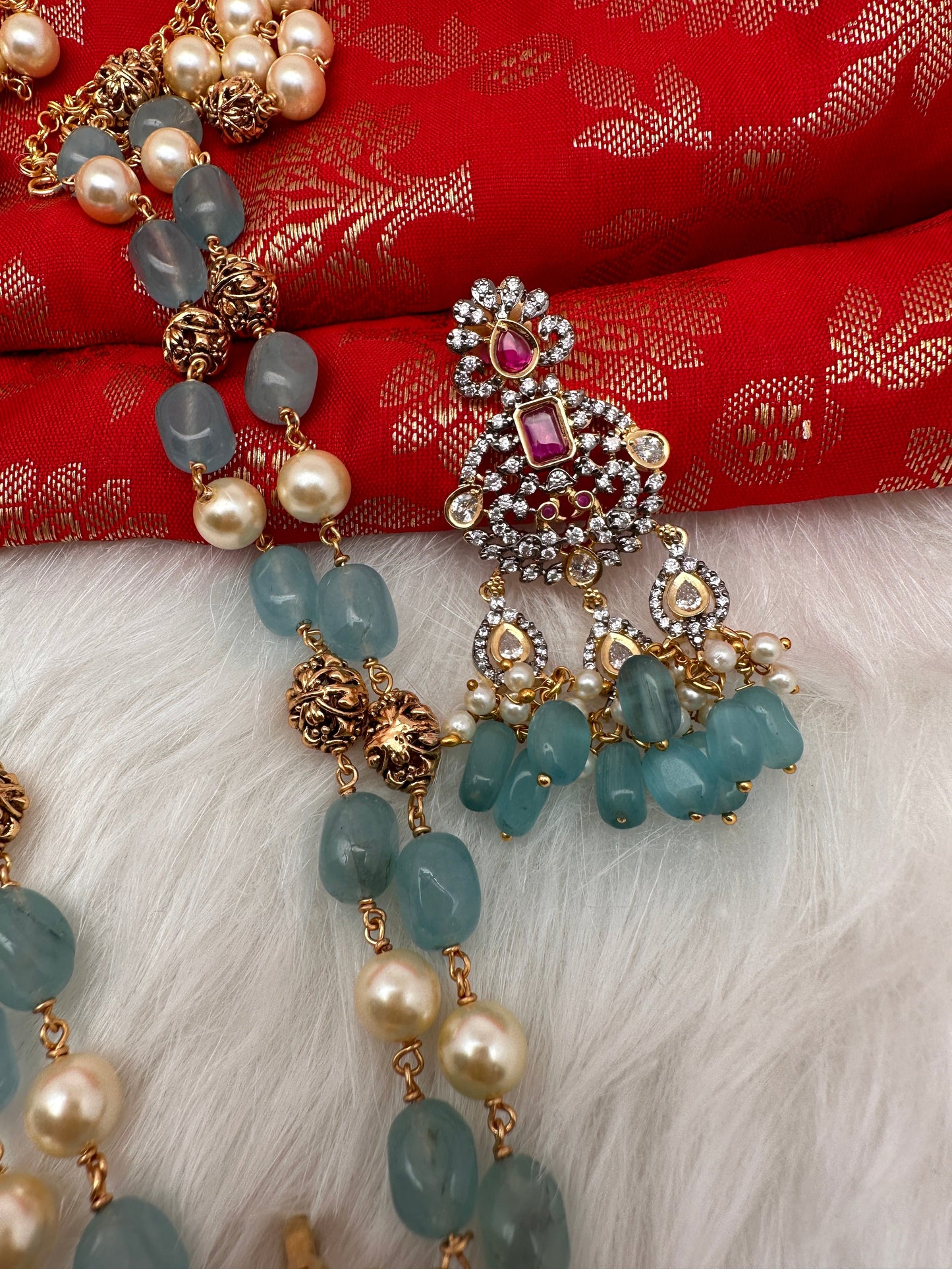 AD Aqua Blue Beads Nakshi Tar Mala Necklace