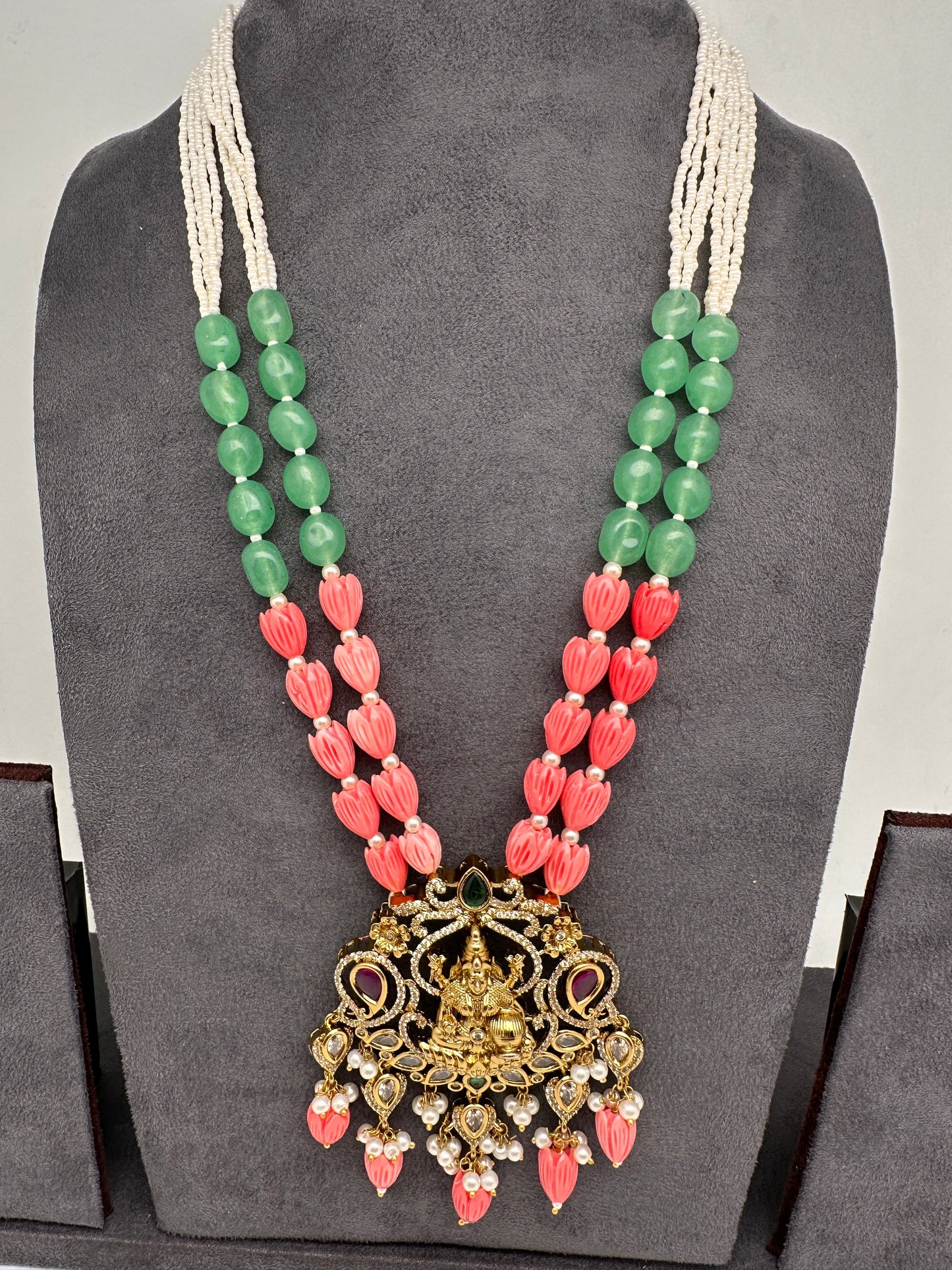 Goddess Lakshmi Victorian Pendent Pink Tulip Beads Pearls Necklace