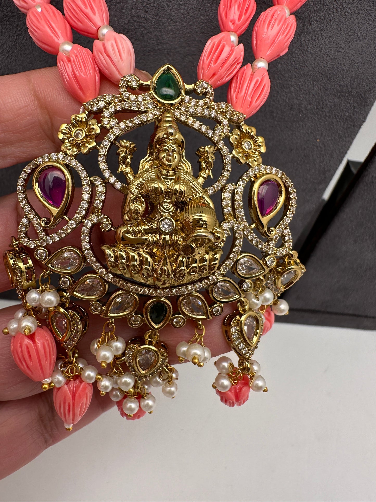 Goddess Lakshmi Victorian Pendent Pink Tulip Beads Pearls Necklace