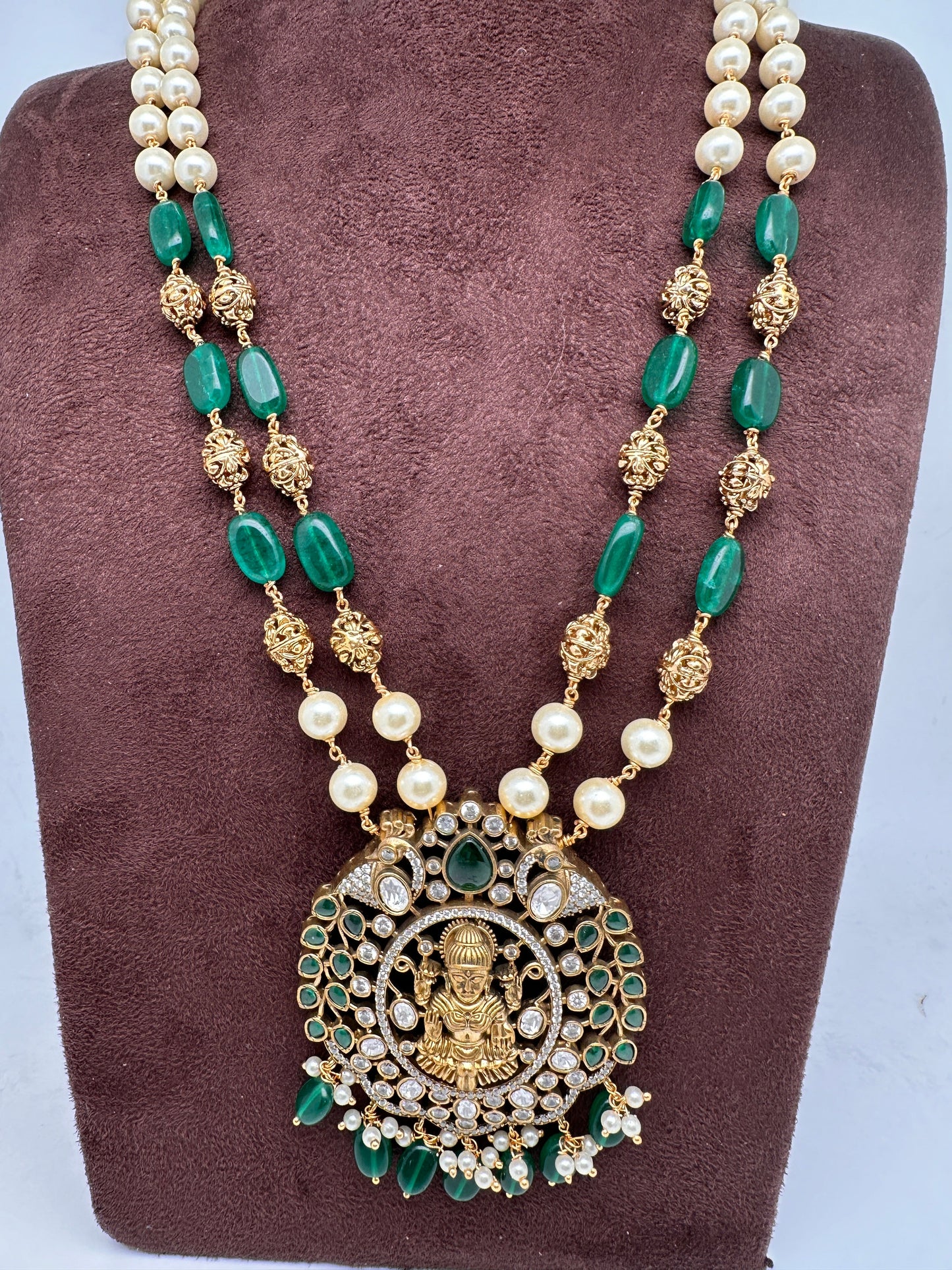Moissanite Victorian Goddess Lakshmi Tar mala Beads Neckalce - Green