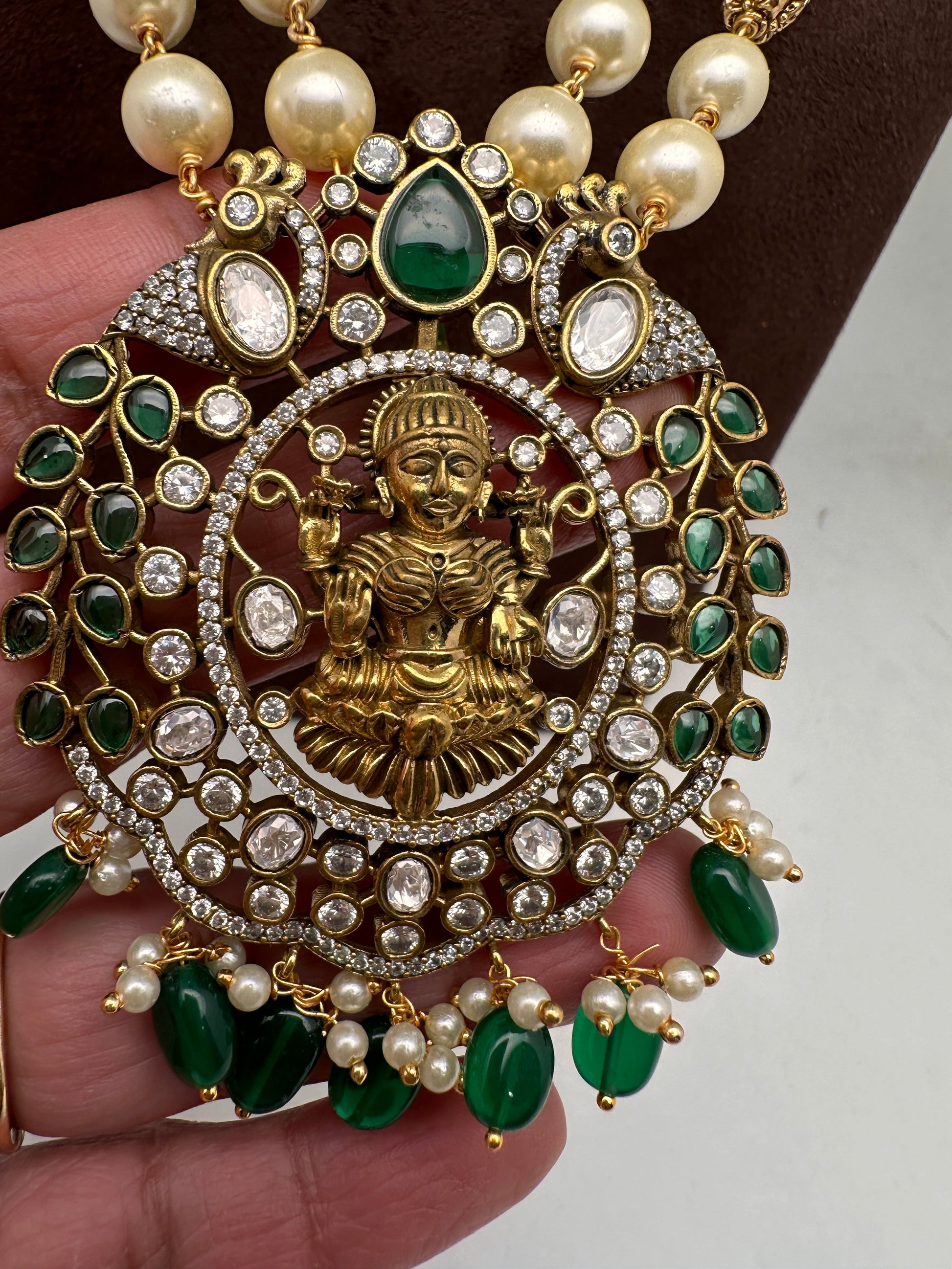 Moissanite Victorian Goddess Lakshmi Tar mala Beads Neckalce - Green
