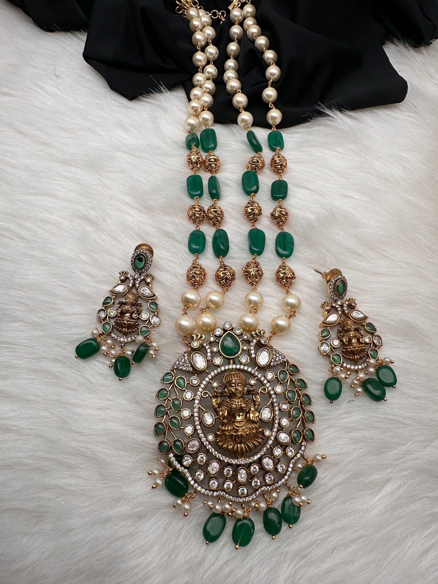 Moissanite Victorian Goddess Lakshmi Tar mala Beads Neckalce - Green