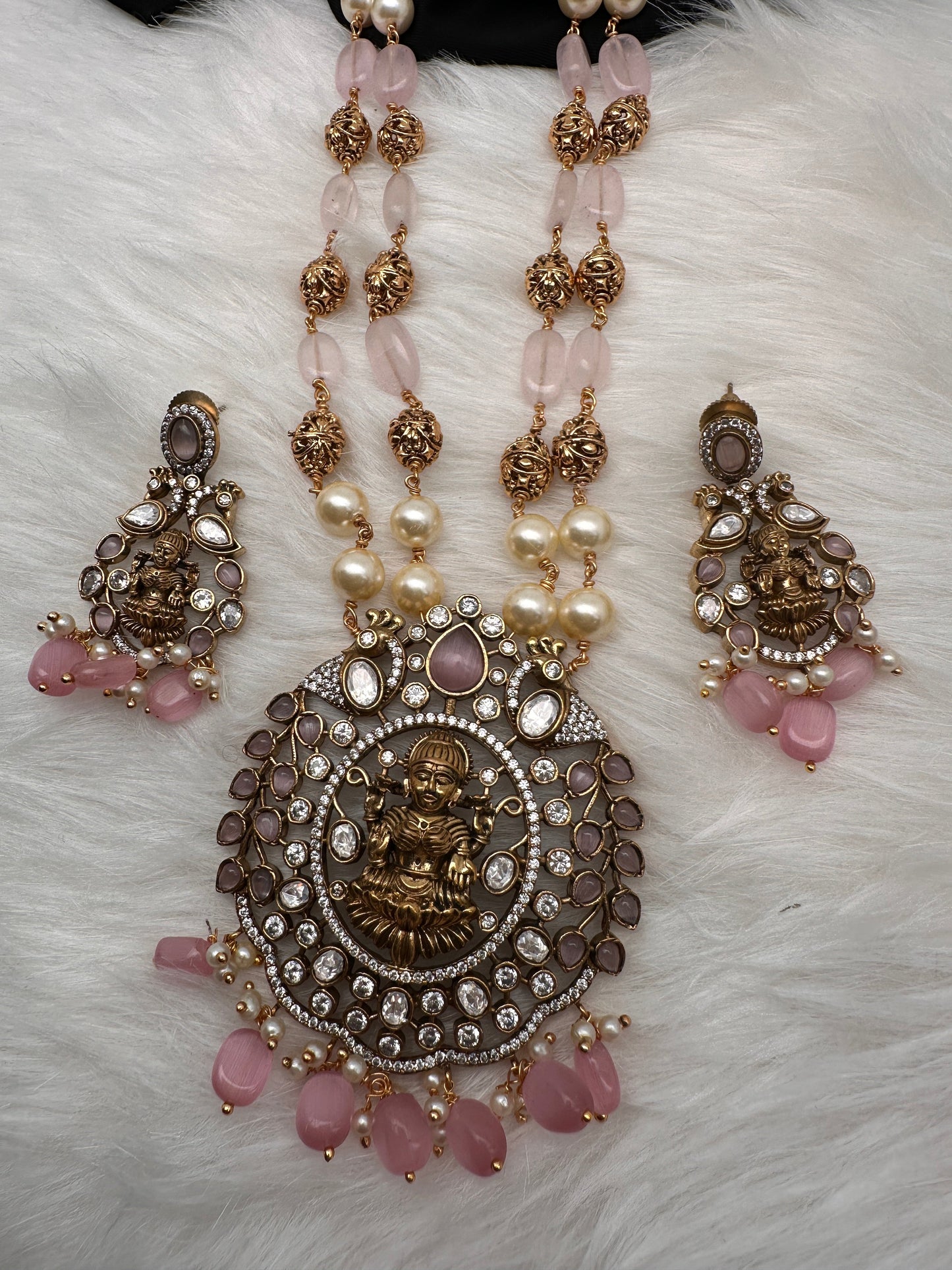 Moissanite Victorian Goddess Lakshmi Tar mala Beads Neckalce - Pink