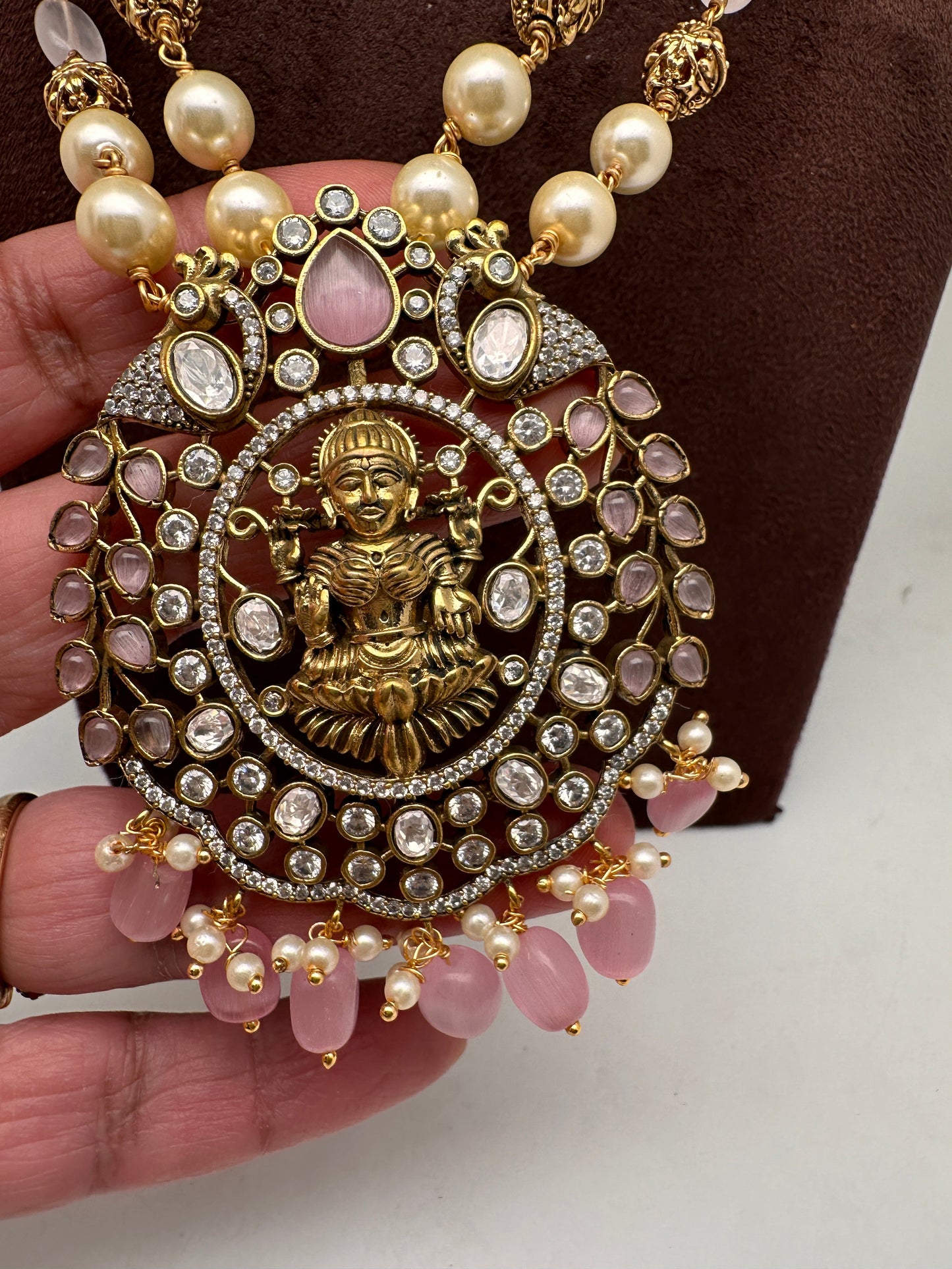 Moissanite Victorian Goddess Lakshmi Tar mala Beads Neckalce - Pink