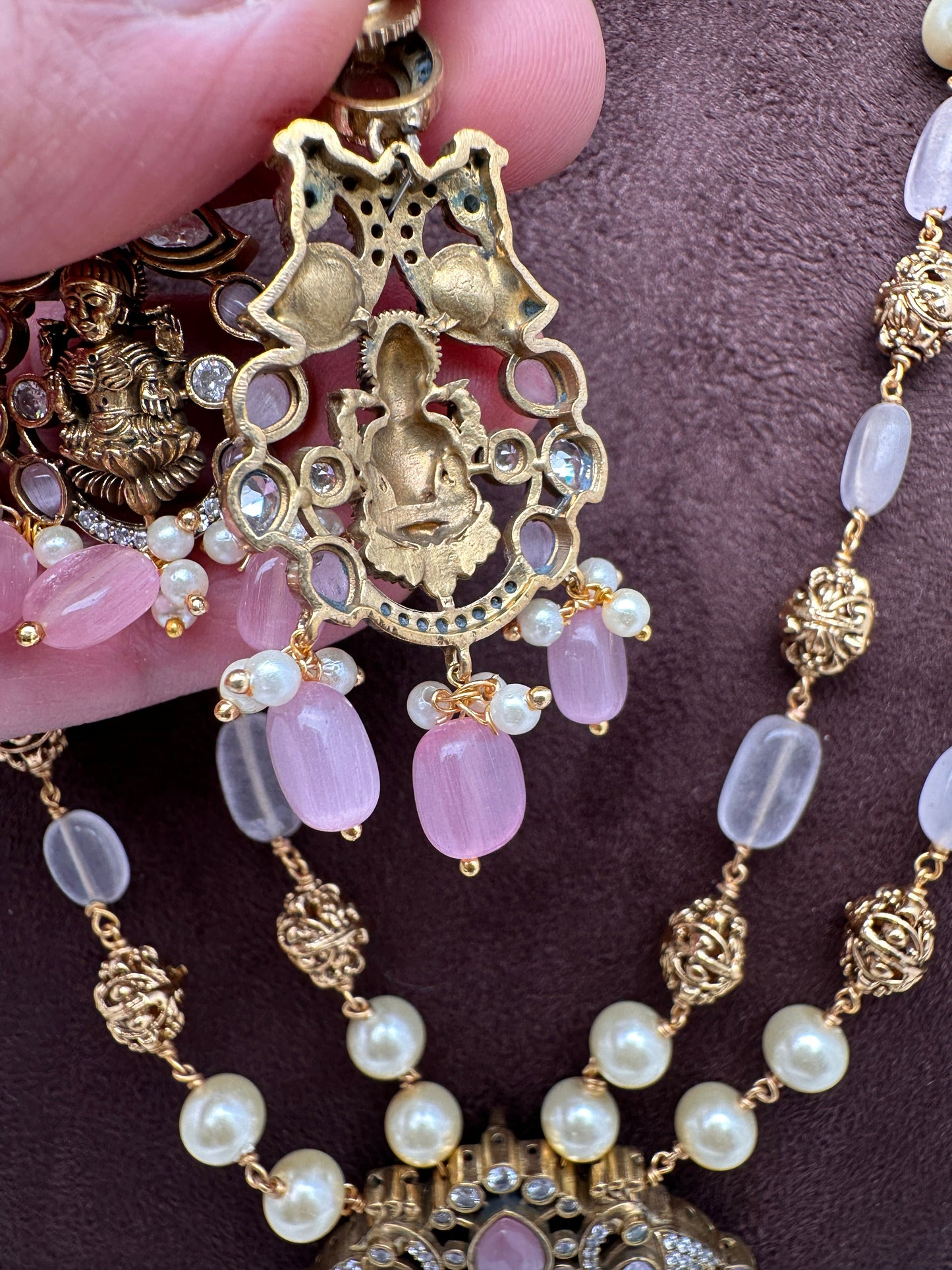 Moissanite Victorian Goddess Lakshmi Tar mala Beads Neckalce - Pink